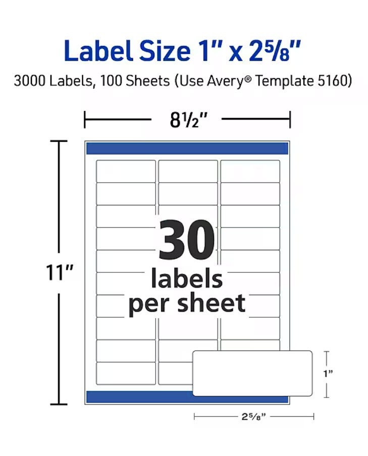Avery 5160 Easy Peel Address Labels 1 x 2 5/8″ 30/sheet – Choose 600/900/1500