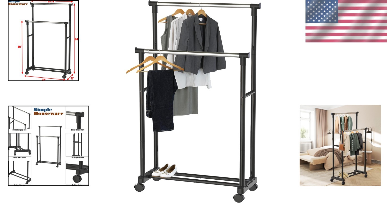 Clothing Garment Rack Double Rod Portable Closet Organizer Steel Black