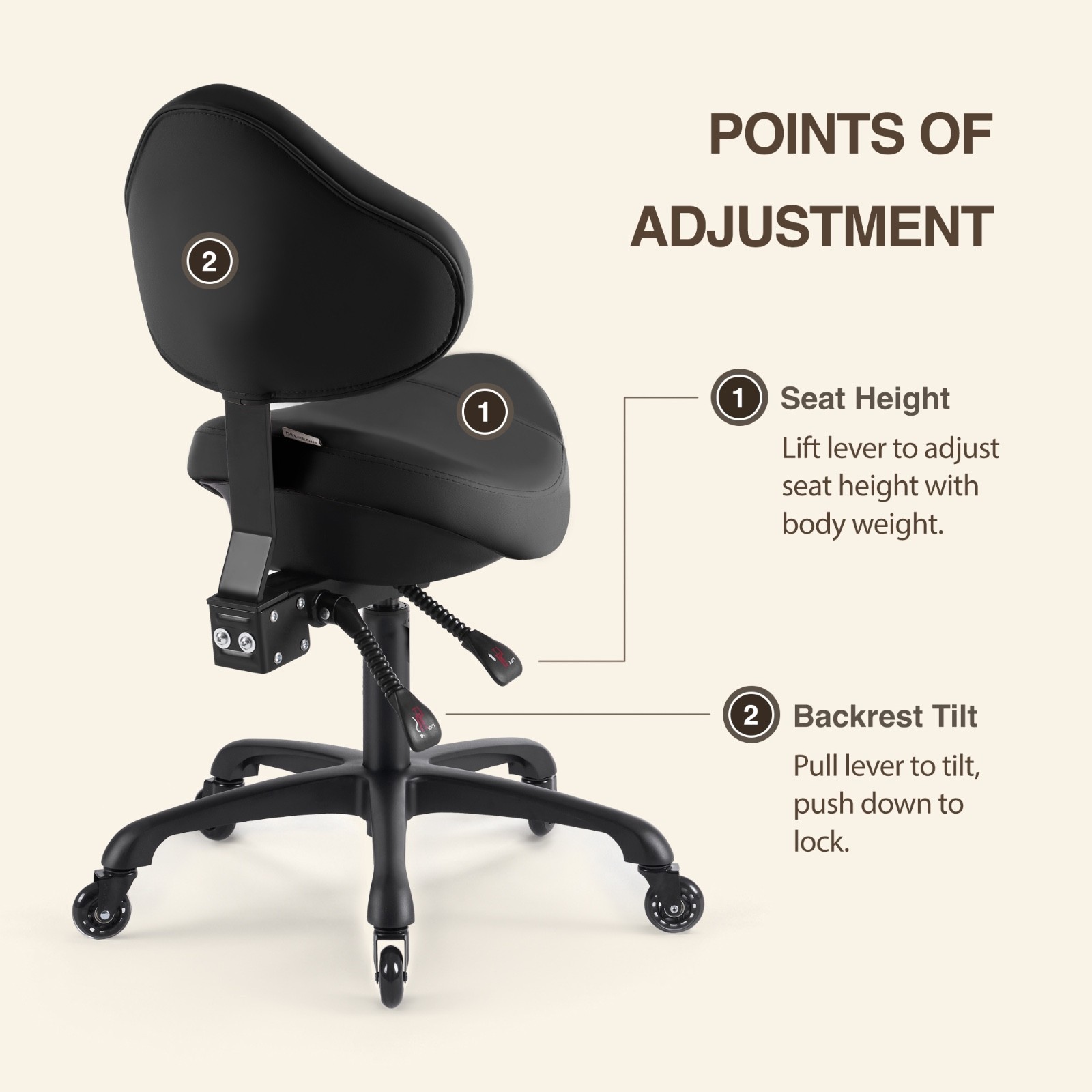 DR.LOMILOMI Ergonomic Saddle Rolling Stool Chair with Backrest 510 KOA