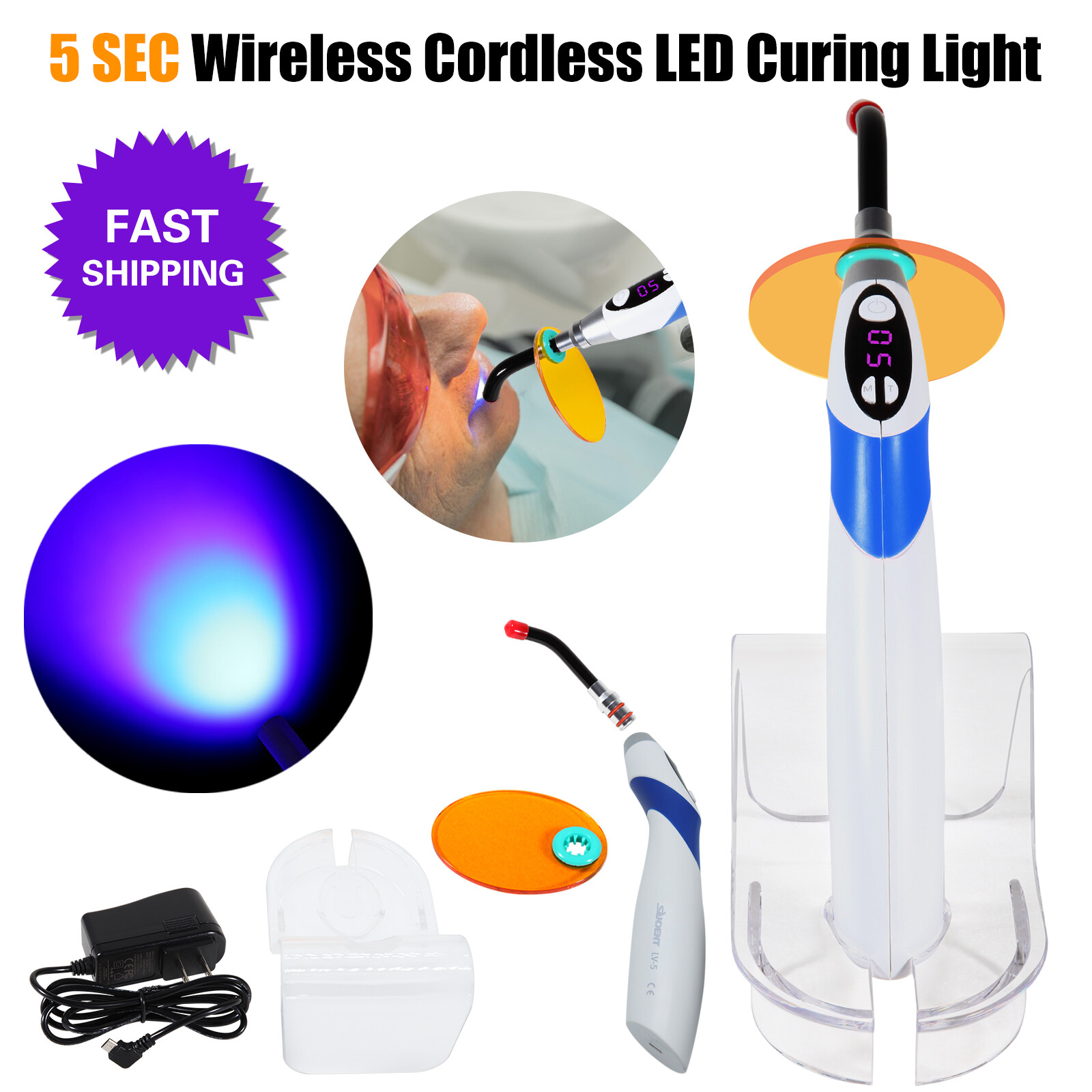 Dental Wireless Cordless LED Cure Curing Light Lamp 1800mw 5SEC Resin Cure Tool