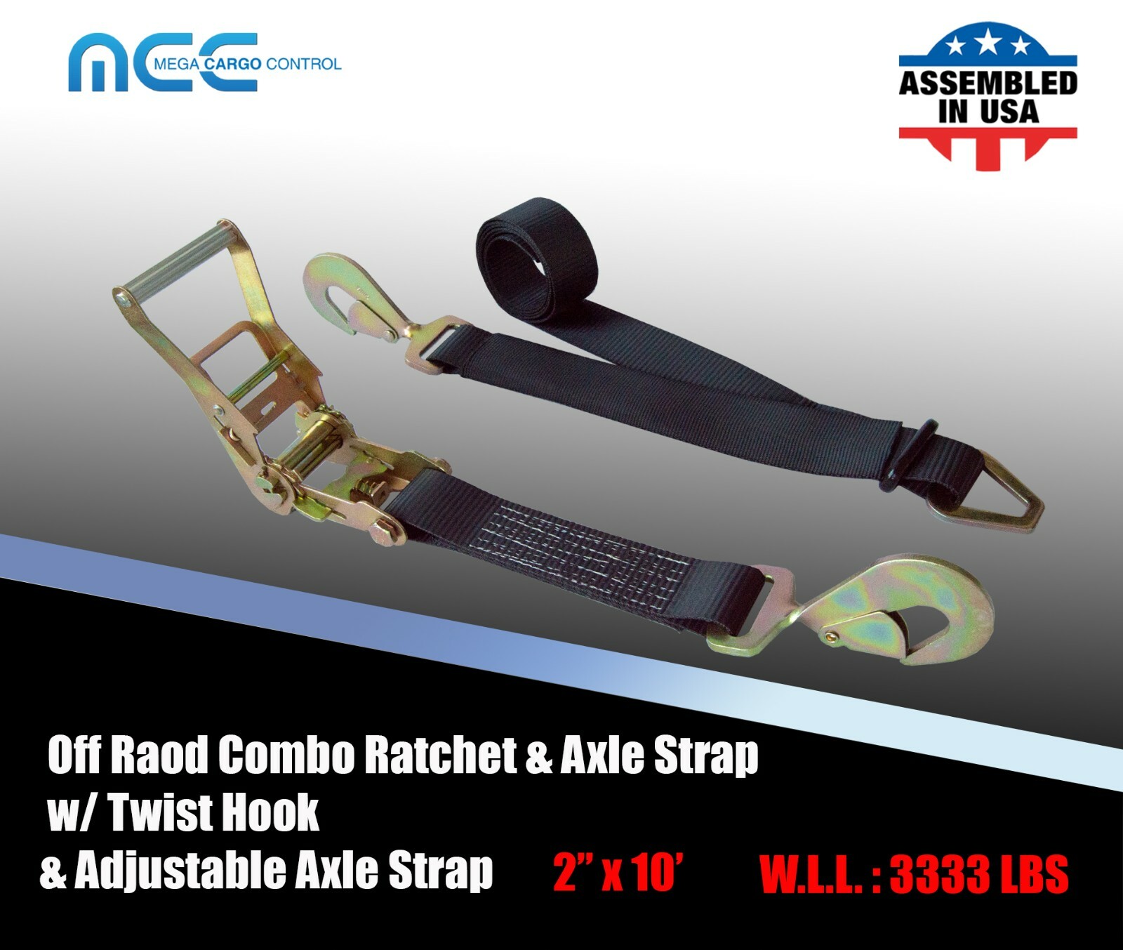 USA 2″ x 10′ Axle Strap Car Trailer Hauler Ratchet Tie Down Strap w/ Snap Hook