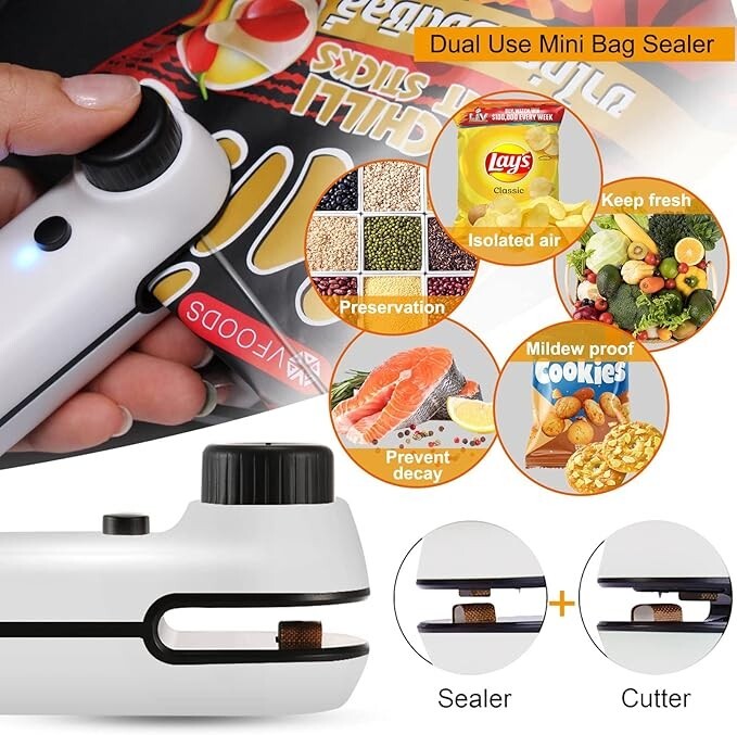 Mini Bag Sealer, 2PACK Bag Sealer Heat Seal Rechargeable and Cutter, Mini Chip