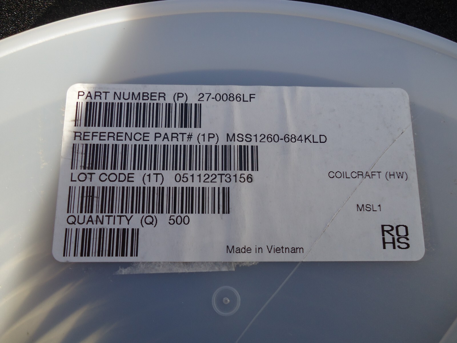 500 New Coilcraft MSS1260-684KLD P/N 217-0086LF(reel) Made in Vietnam. 684 Coilc