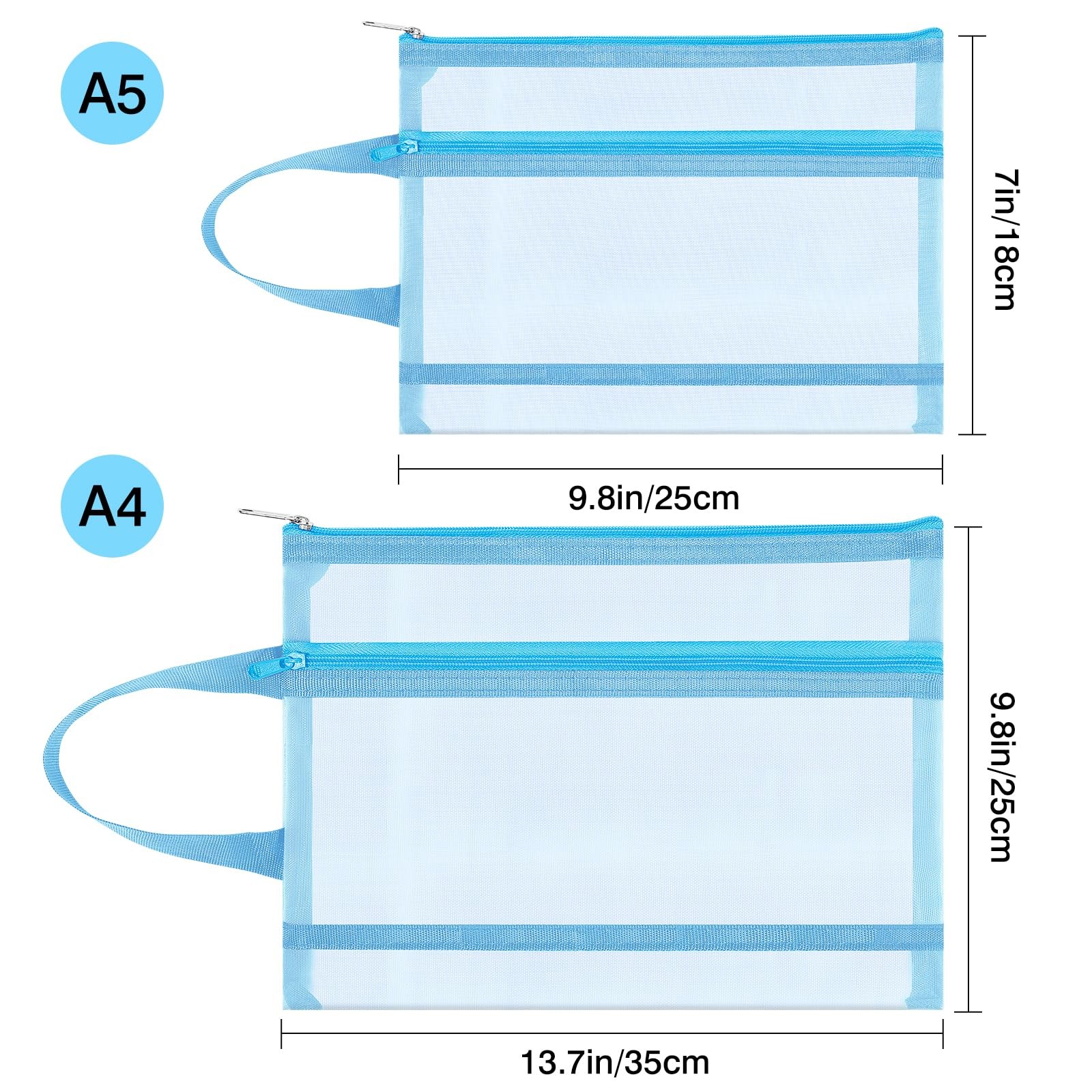A5 Double-Layer Nylon Mesh Zipper Pouch Bags with Handle 6-Pack Multicolor