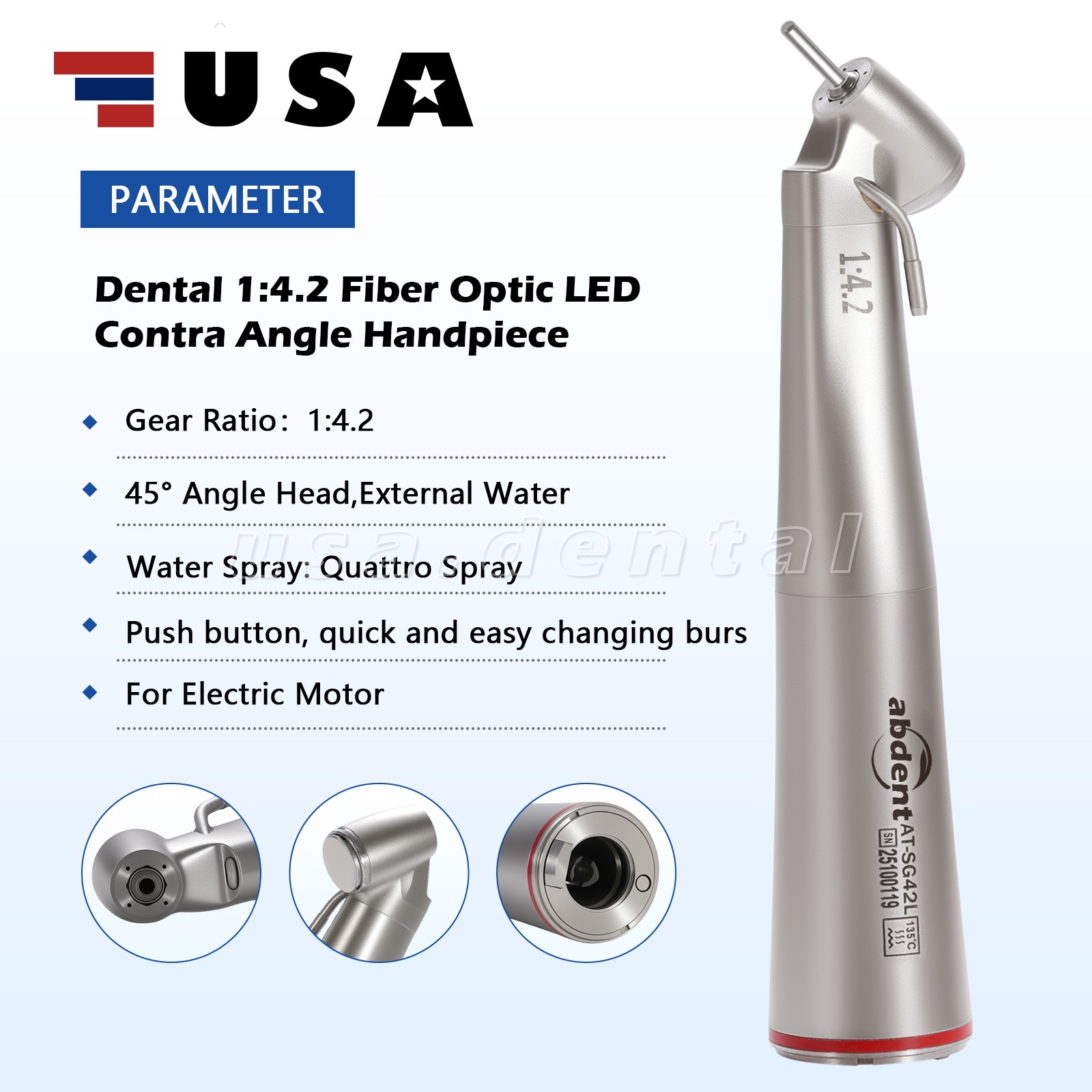 Dental Optic Fiber LED 1:4.2 Increasing Handpiece 45°Angle Head External Channel