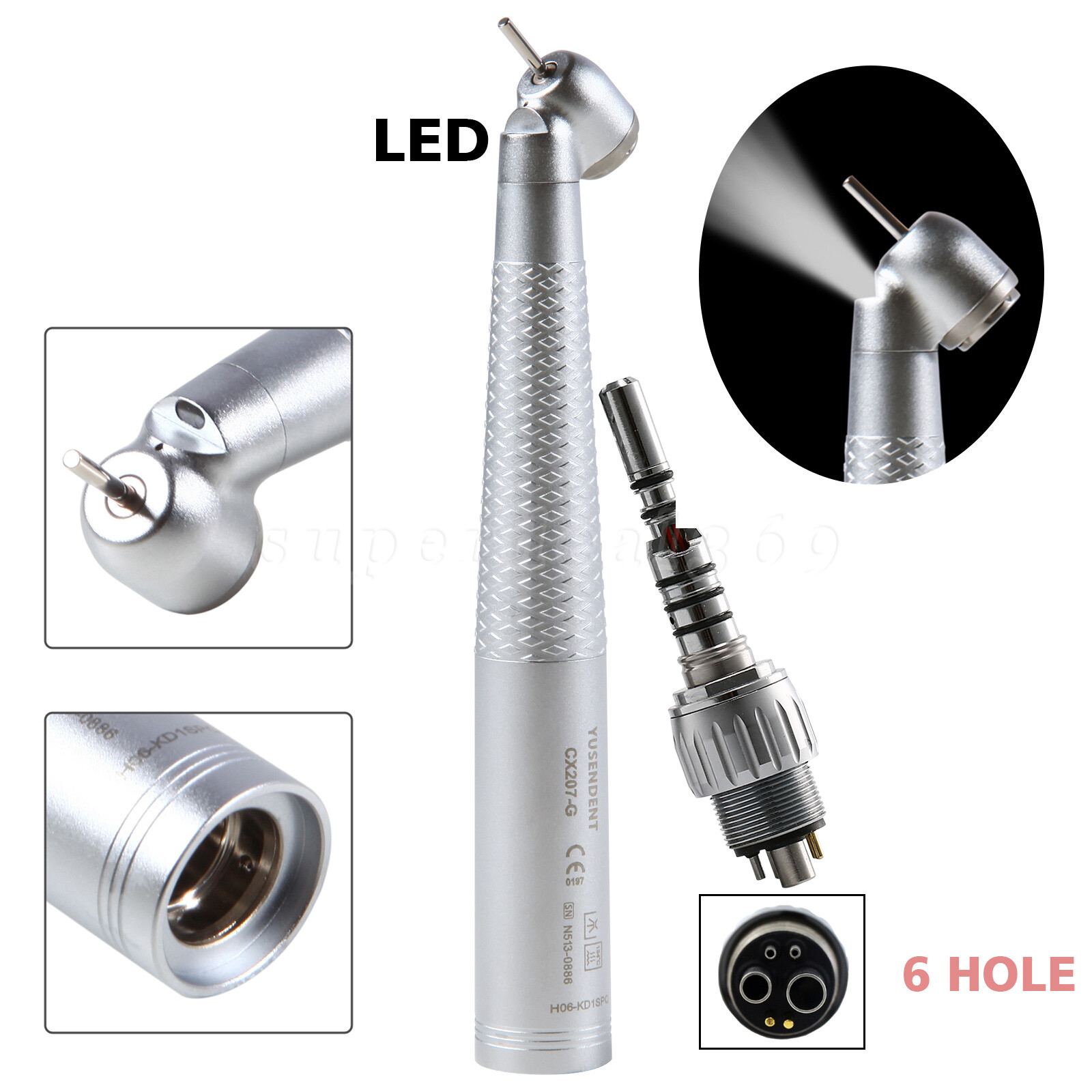 COXO Dental Fiber Optic LED 45 Degree Handpiece /Swivel Coupler 6 Hole Fit KAV