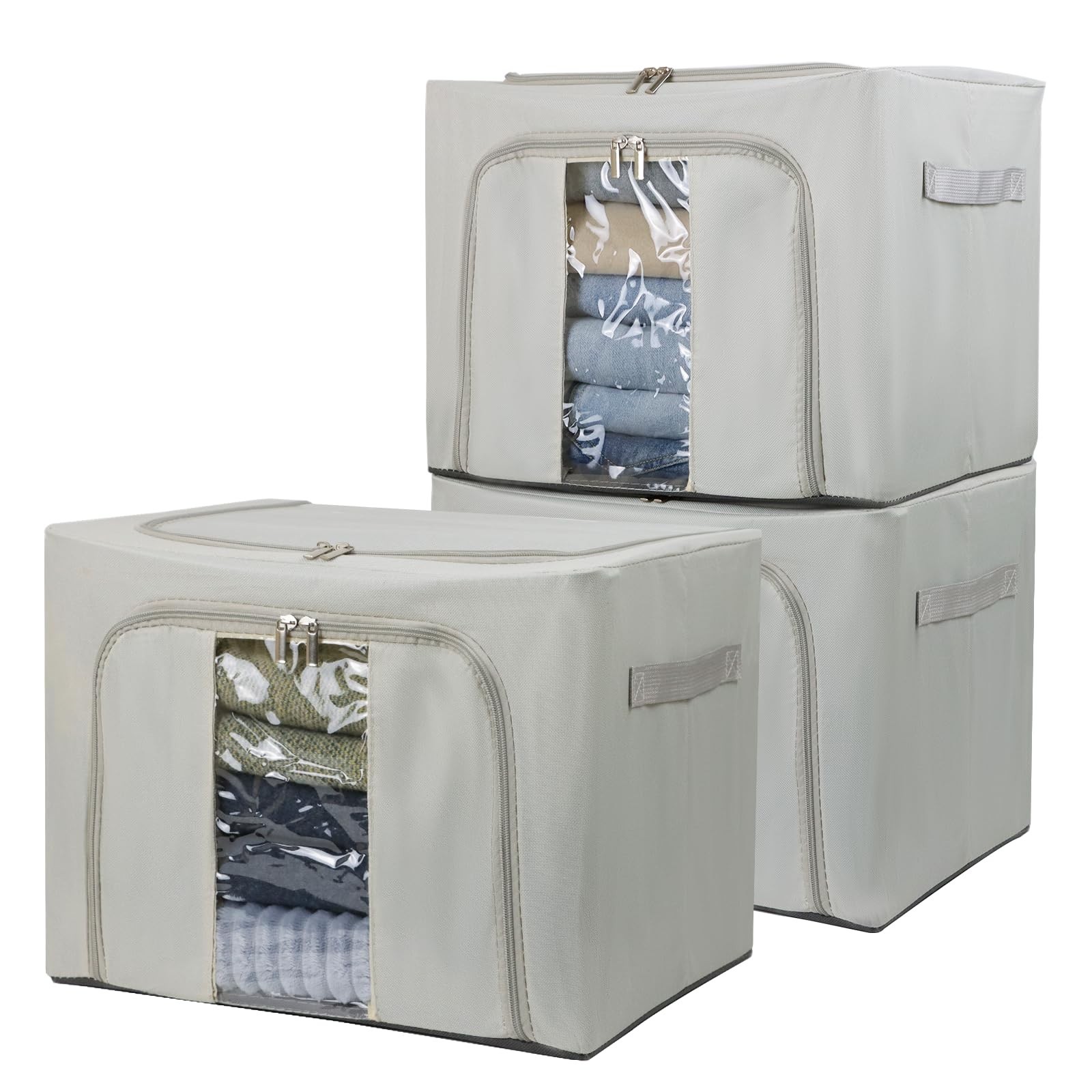 36L Clothes Storage Bins with Metal Frame, 3 Pcs Stackable Clothing Storage B…