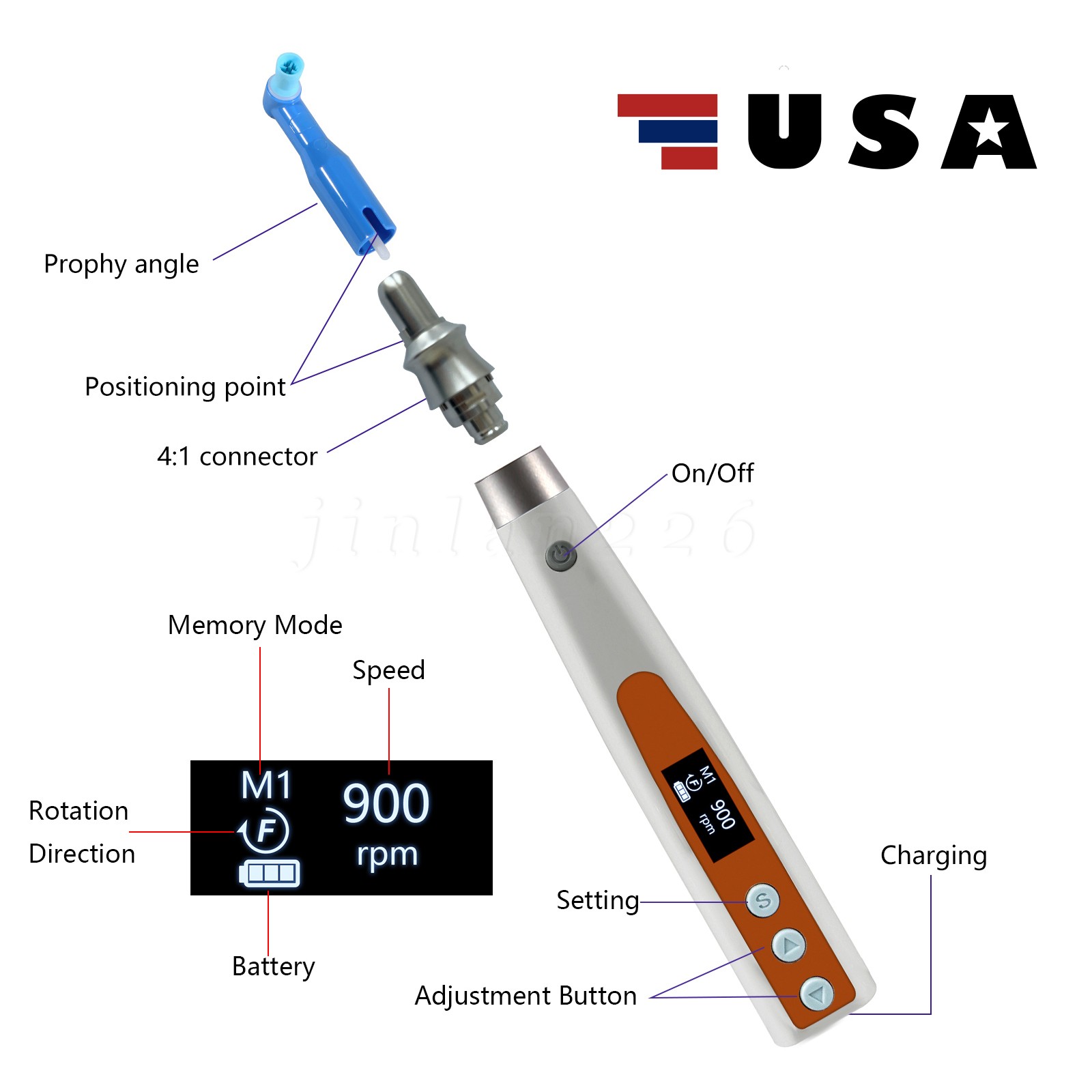 Dental Cordless Electric Hygiene Prophy Handpiece 360° Swivel + 2 Prophy Angles
