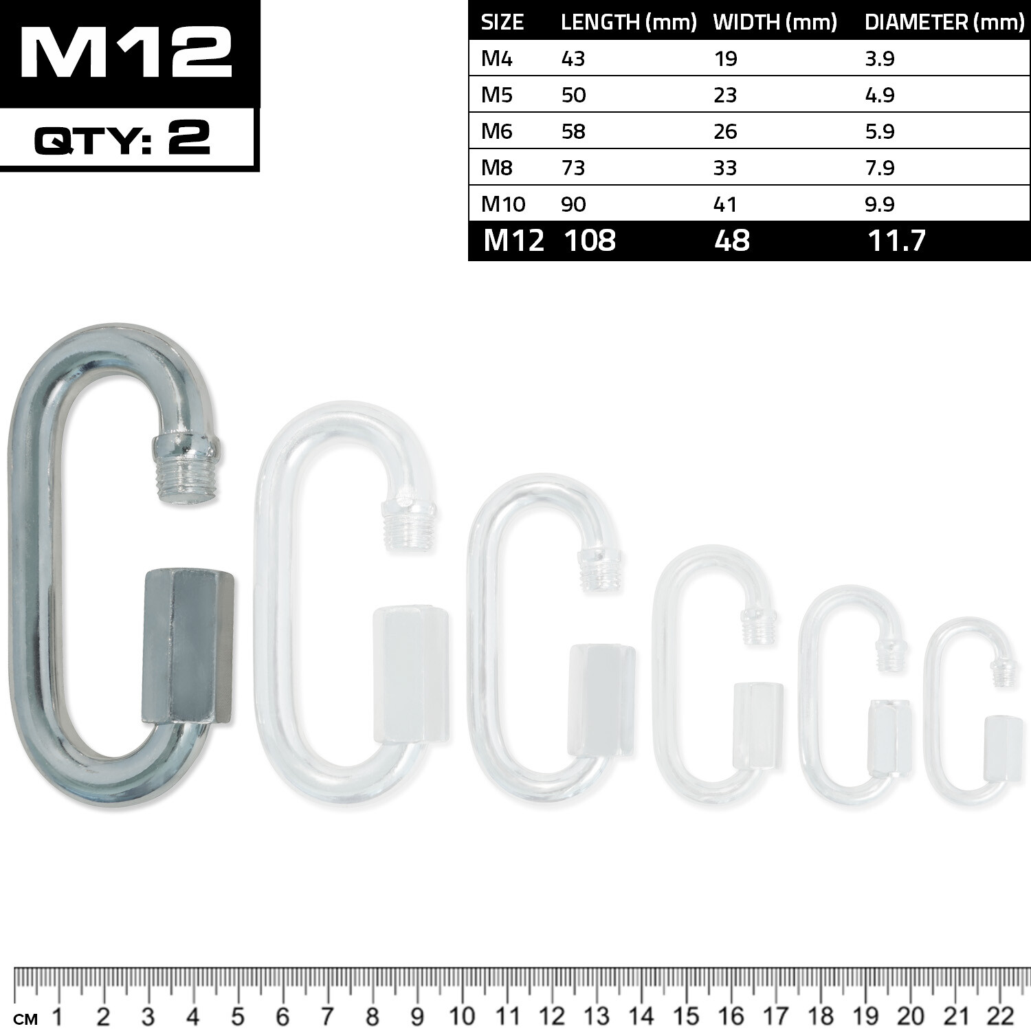 MEISTER QUICK LINK SCREWLOCK CARABINERS – M12 x 2 PACK – Galvanized Steel Clips