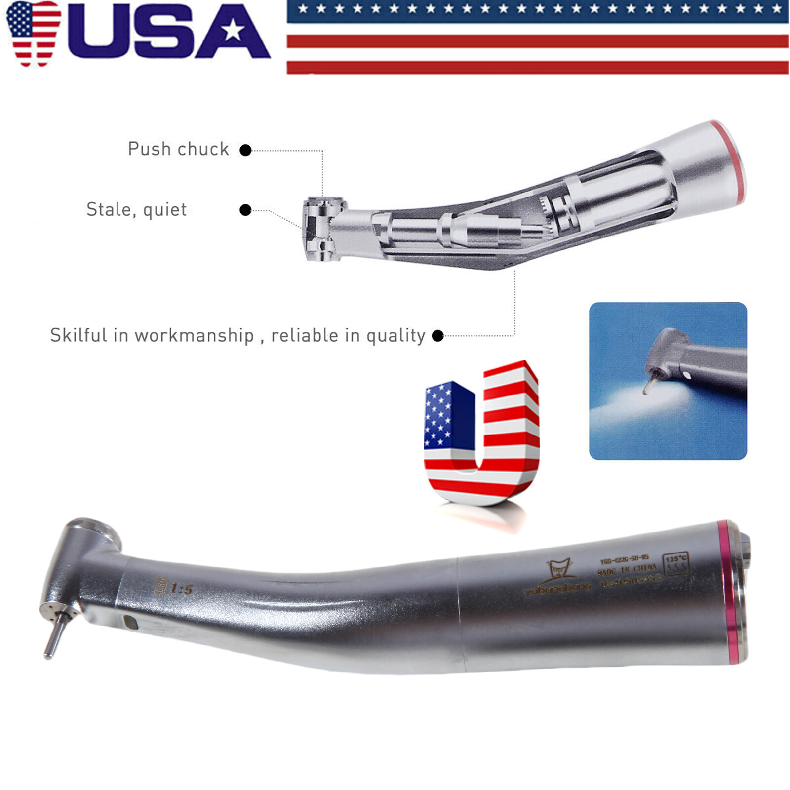 NSK Ti-MAX X95L Style Dental 1:5 LED Fiber Optic Contra Angle Handpiece Red Ring
