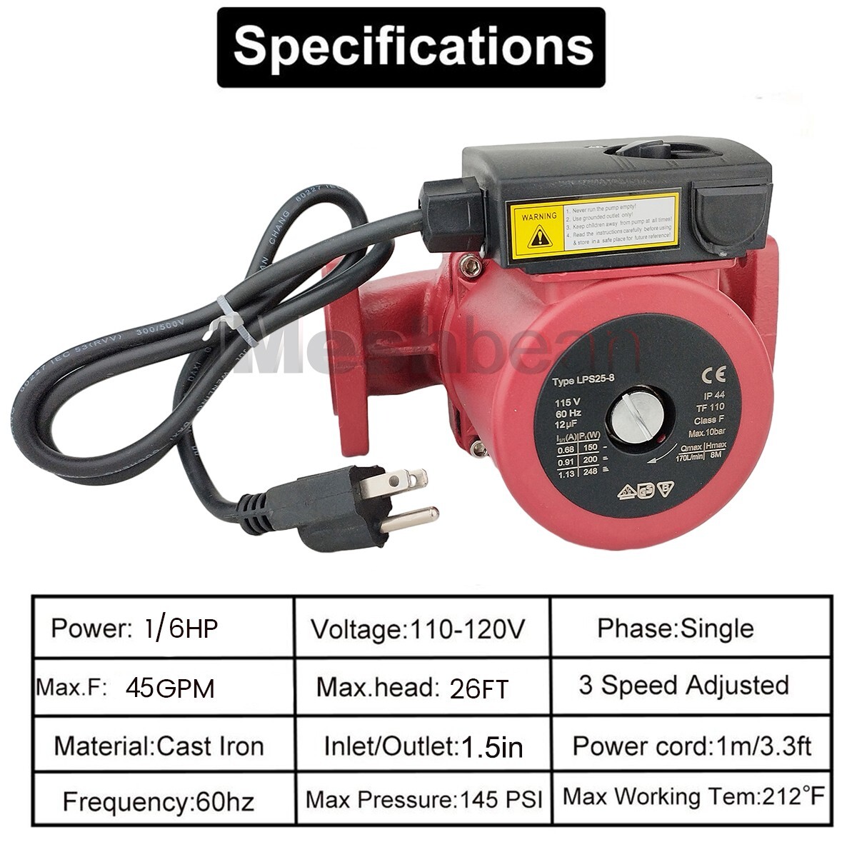 3 Speed 1/8HP Circulating Pump Use w/Outdoor Furnaces,Hot water heat,Solar,115V