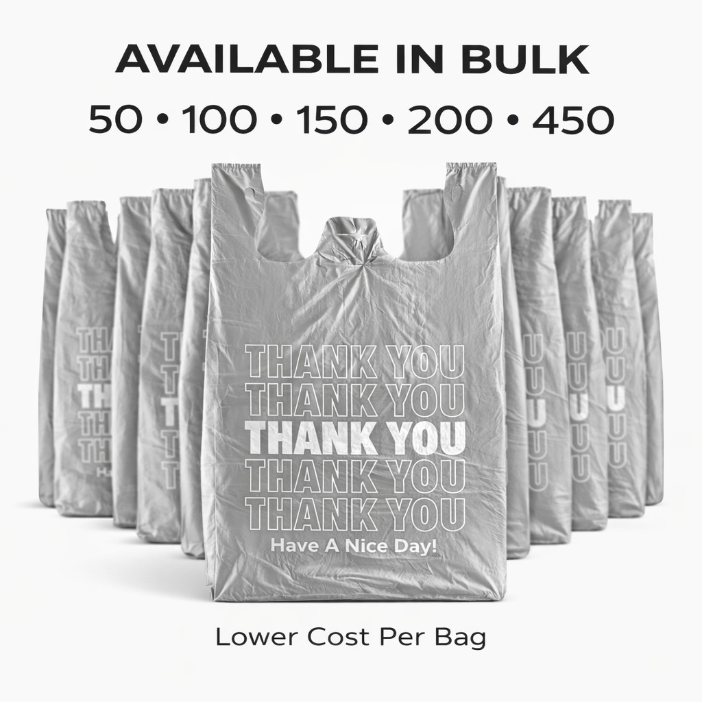 Bags Extra Large 18 x 8x 32 Gray Thank You T-Shirt Plastic Grocery Shopping Bags
