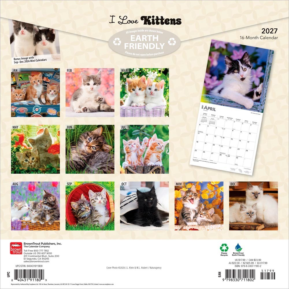 I Love Kittens | 2027 12×24″ (Hanging) Square Wall Calendar | Plastic-Free