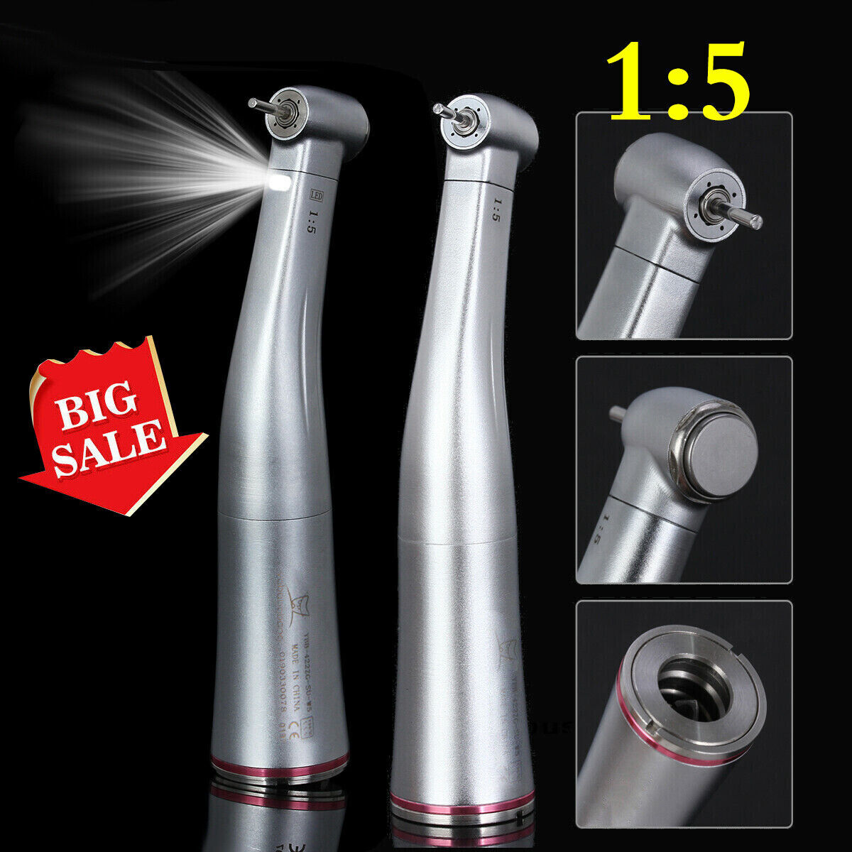 Dental Electric 1:5 increase Contra Angle (LED) Red Ring fit NSK micromotor USPS