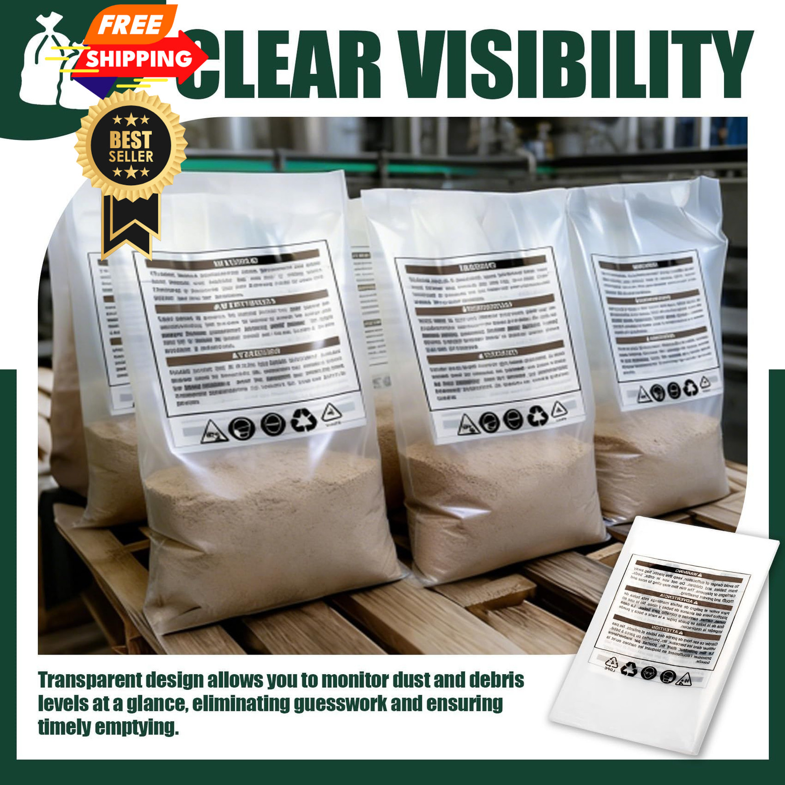 70009V Clear Plastic Dust Collection Bags, 19.5″x33″ Replacement for