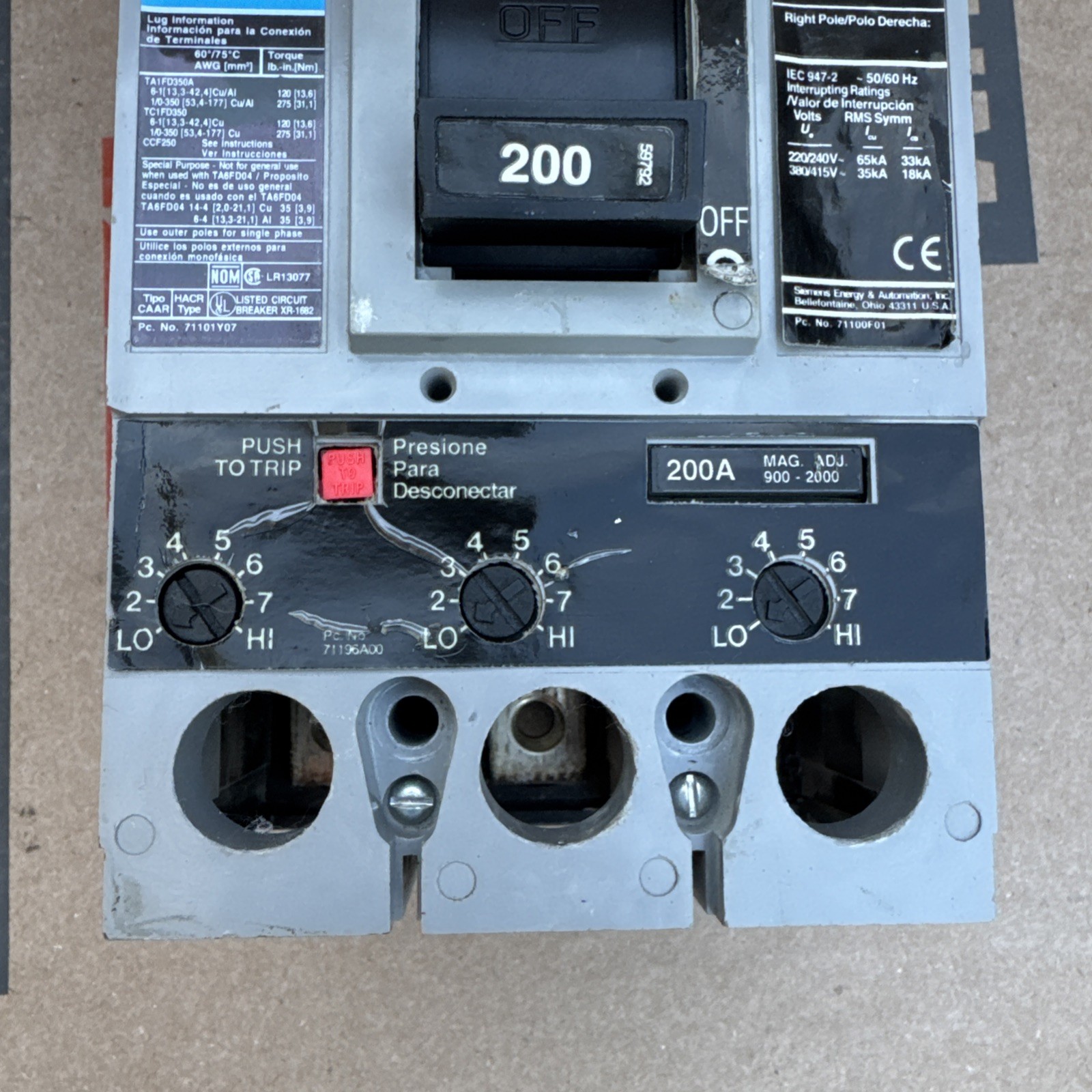 Siemens Sentron FXD63B200 200A 600V 3 Pole Circuit Breaker 200 Amp 3P FXD6-A