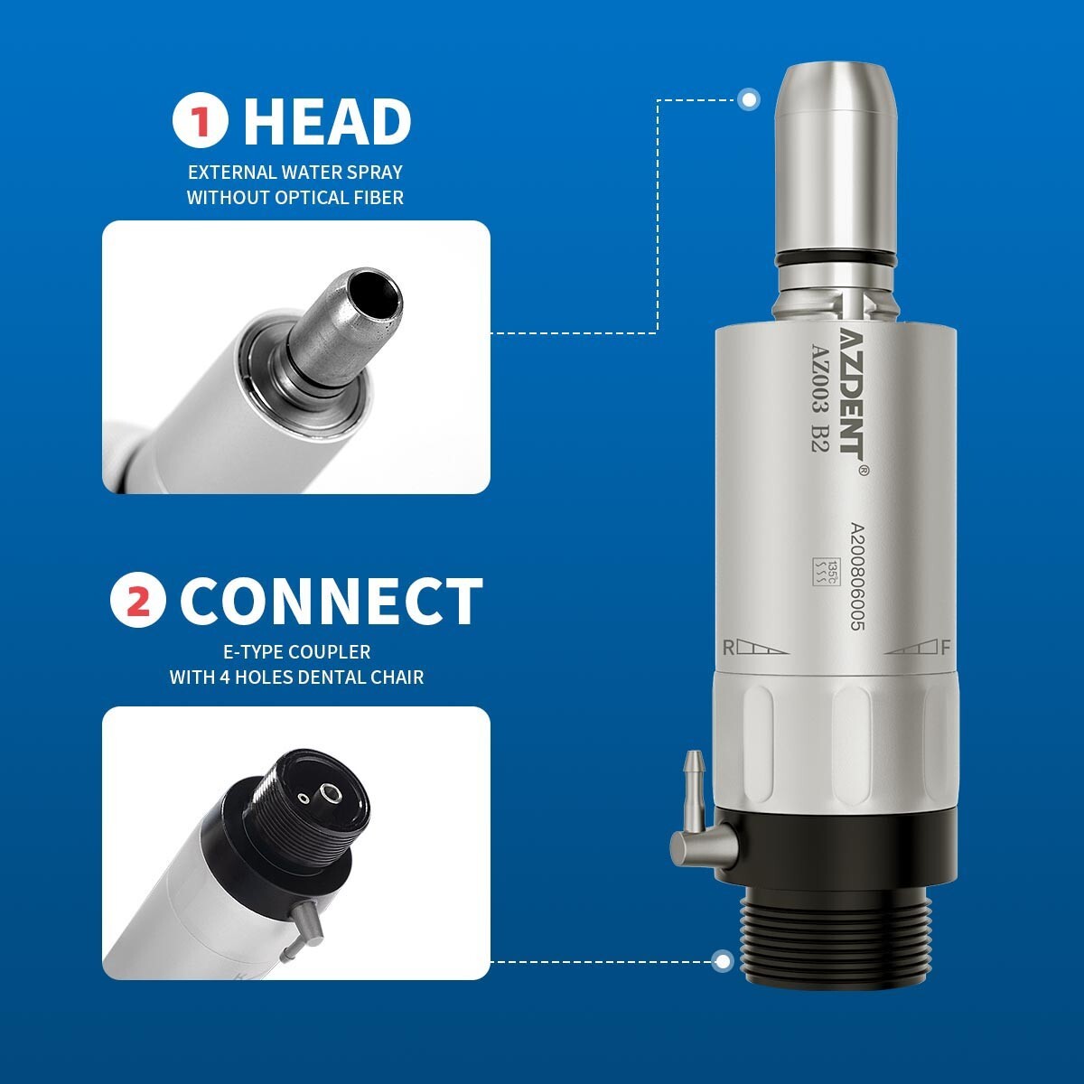 AZDENT Dental Low Speed Handpiece Air Motor 1:1 Direct Drive 2Holes 20000rpm