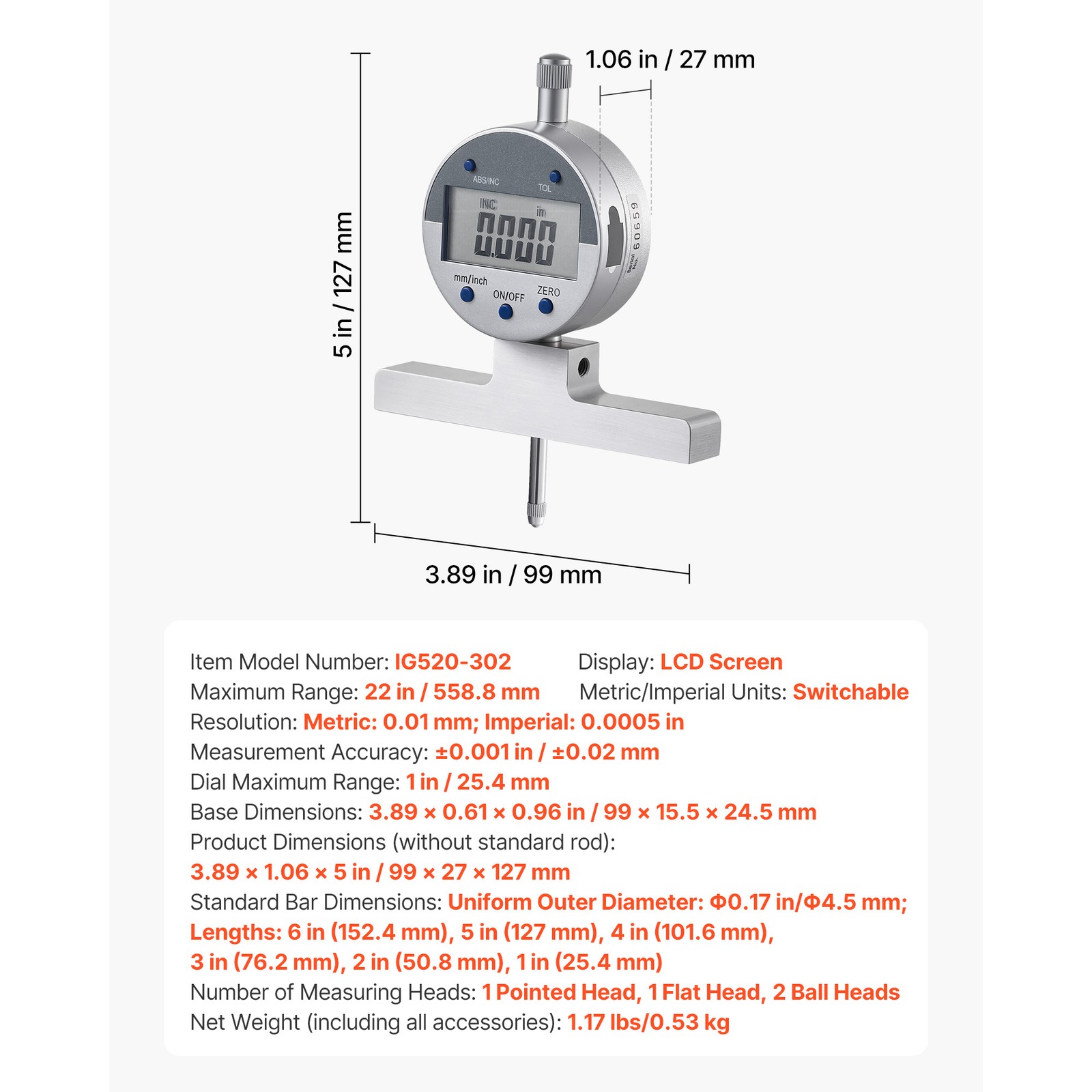 Uimoso Digital Depth Gauge 0-22in Range Micrometer with 4 Interchangeable Anvils