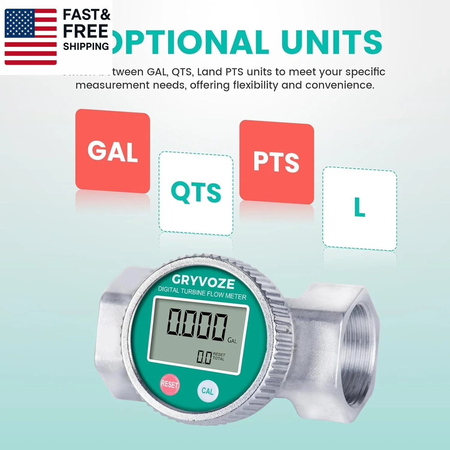 Waterproof 2 Inch Water Flow Meter, 16–160 GPM Digital Turbine Flowmeter with N