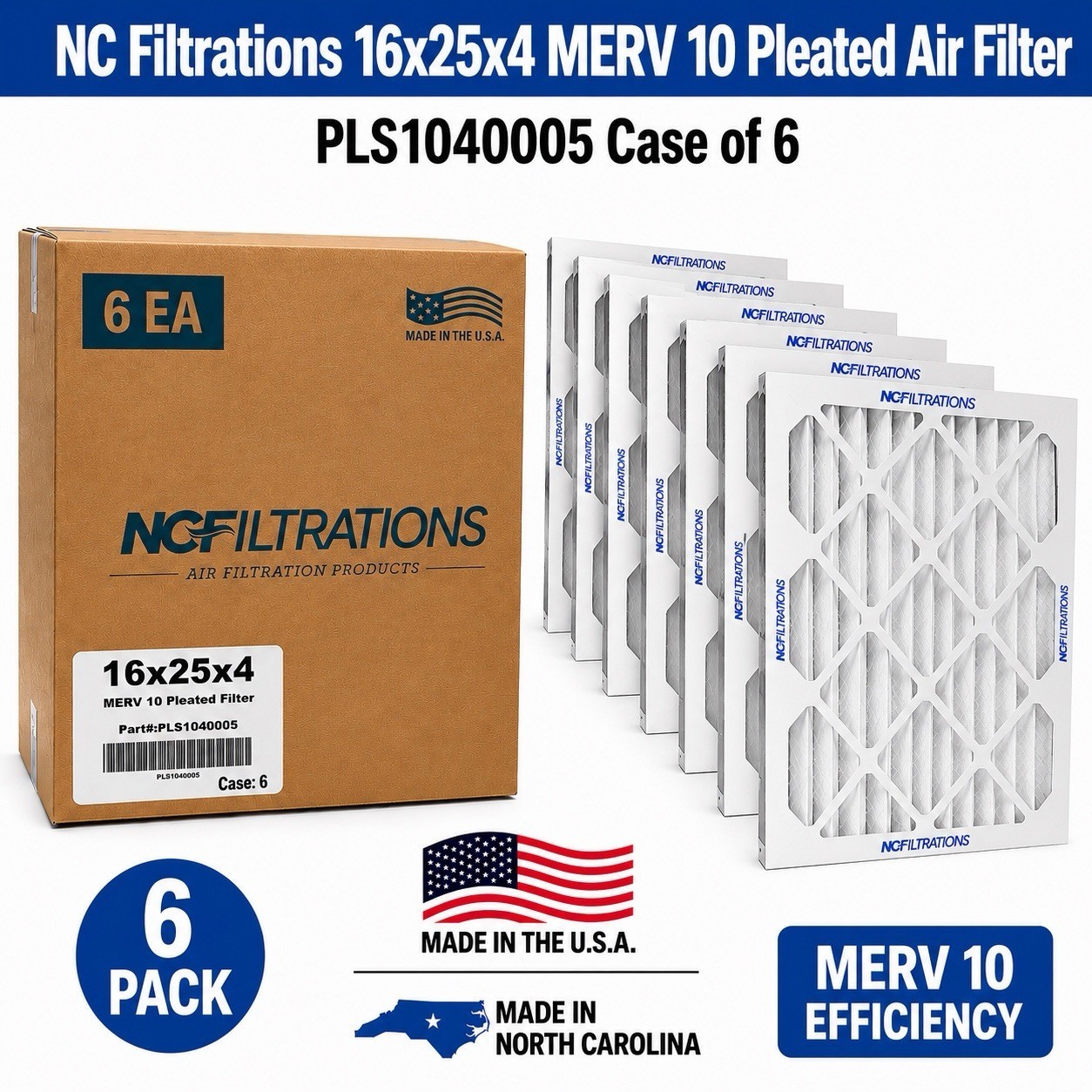 6 Pack NCF 16x25x4 MERV 10 Pleated Air Filter PLS1040005 New USA