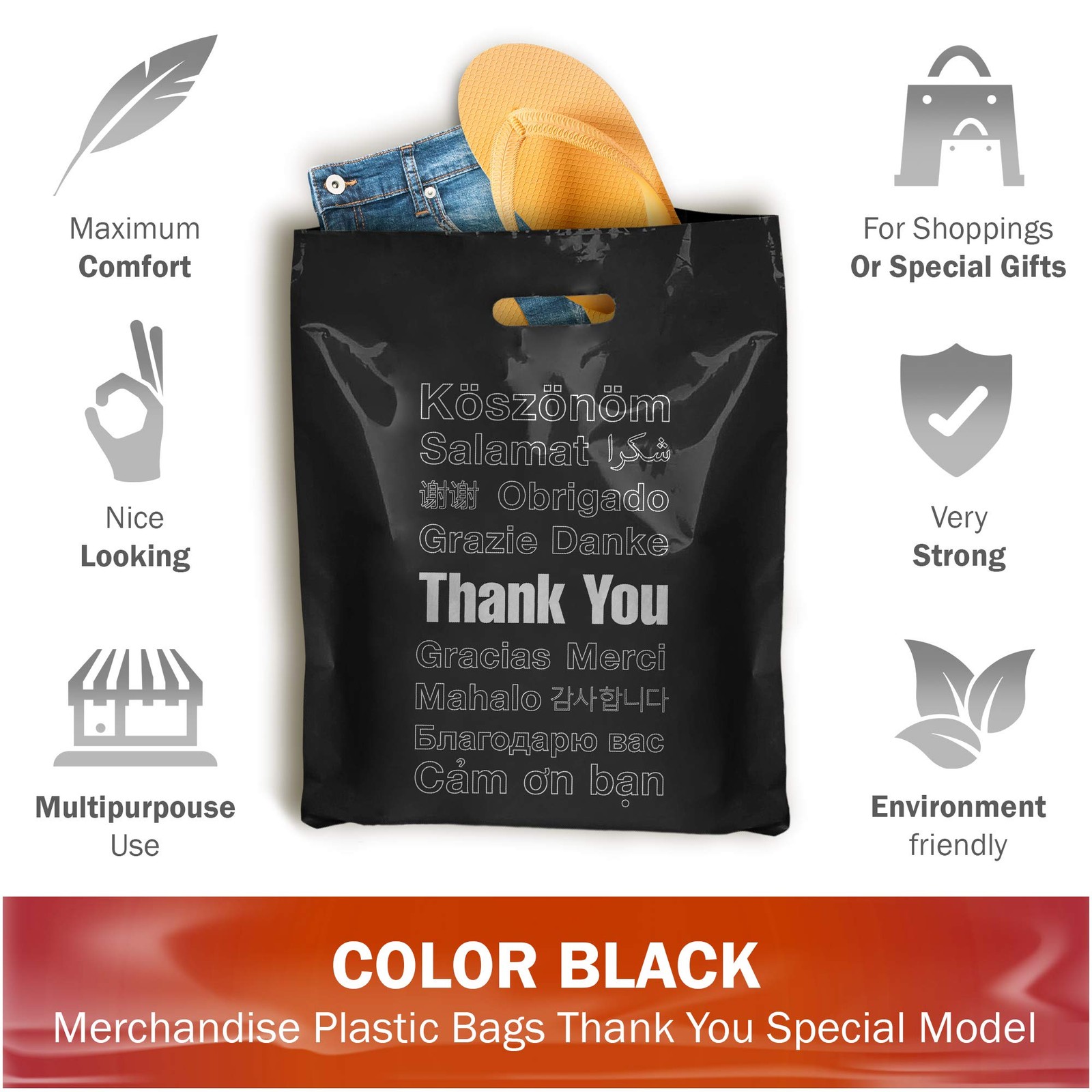 12×15 Black Thank You Merchandise Bags, Multi-Language Design, Medium Size, 1…