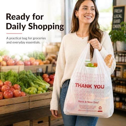 1000 Pack White Thank You T-Shirt Bags with Handles – 11″x6″x21″ Plastic Grocery