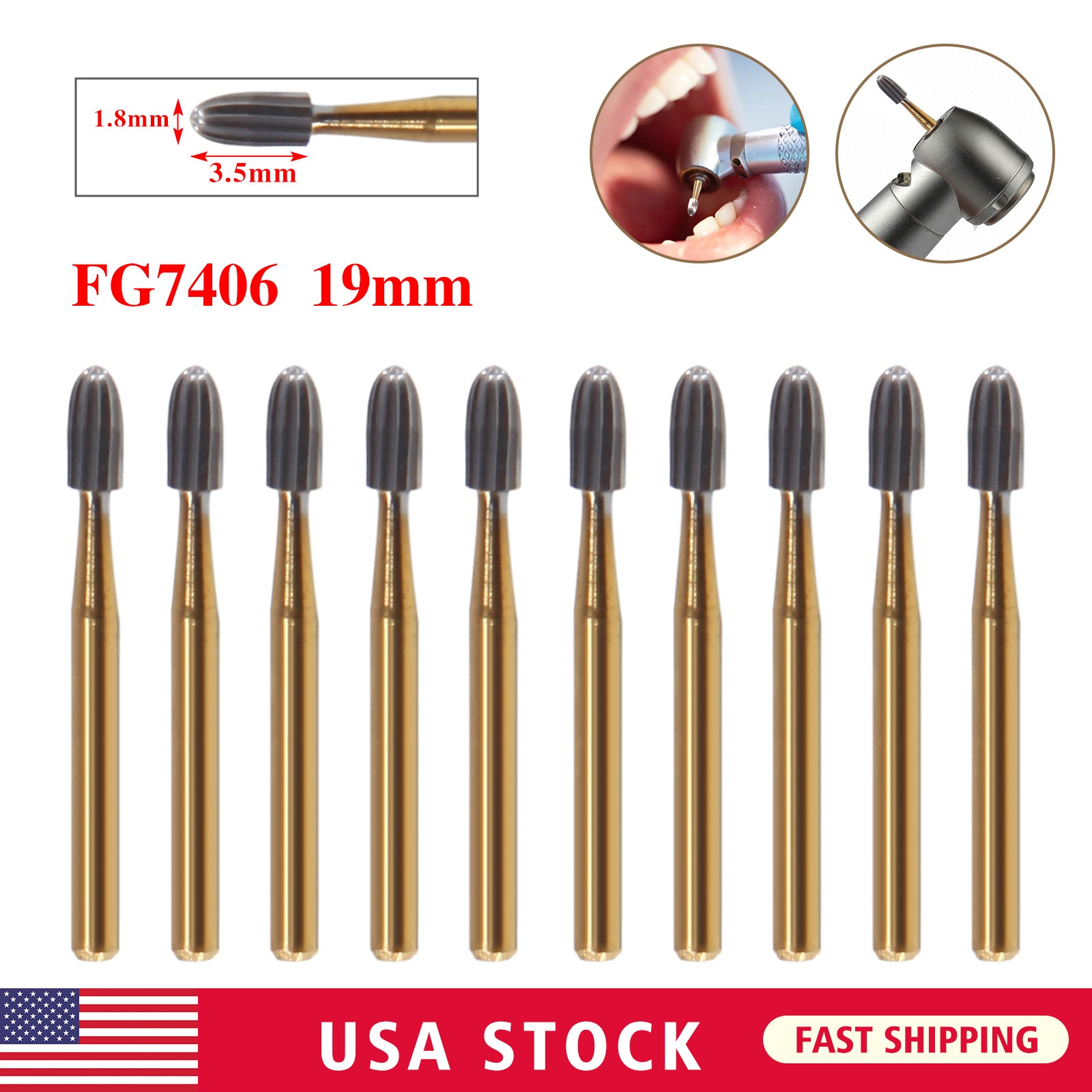 Dental Bur Trimming & Finishing Gold Carbide Burs FG 7901 /7902 /7406 /7408 ns