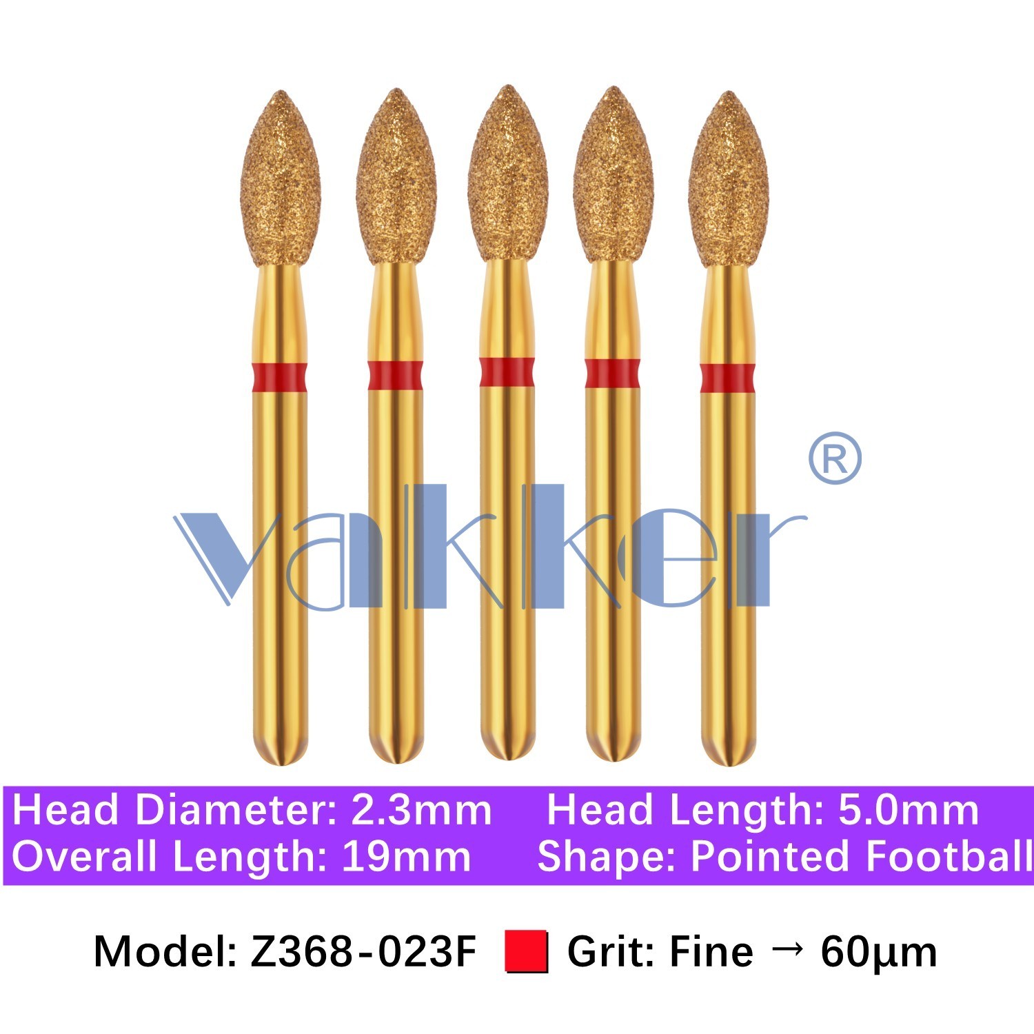 5/pk Dental Zirconia FG Diamond Burs & Holder Z368-023F Fine Pointed Football