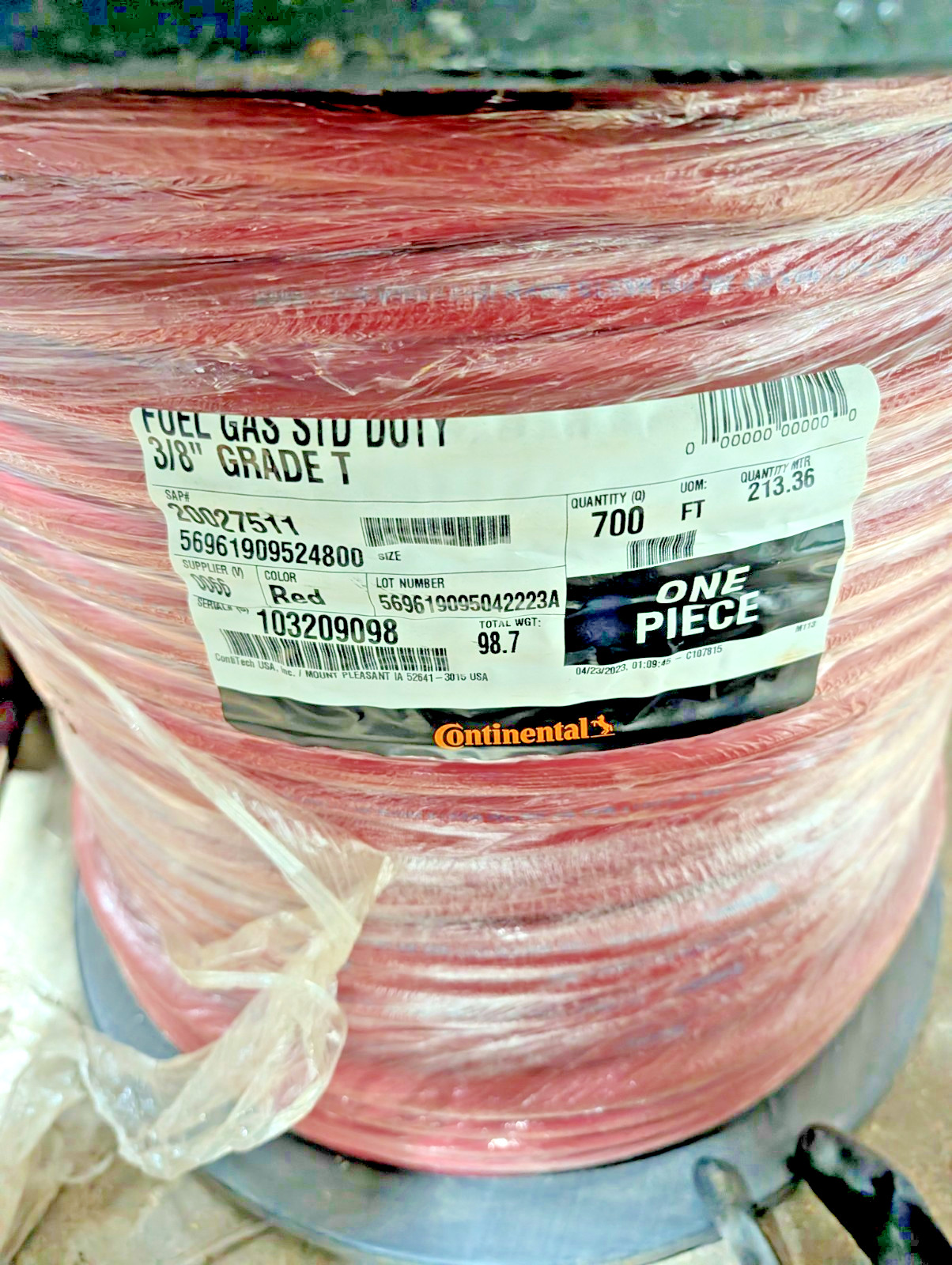 Continental ContiTech Grade T Welding Hose 3/8” Red 700 Feet 20027511 Single F