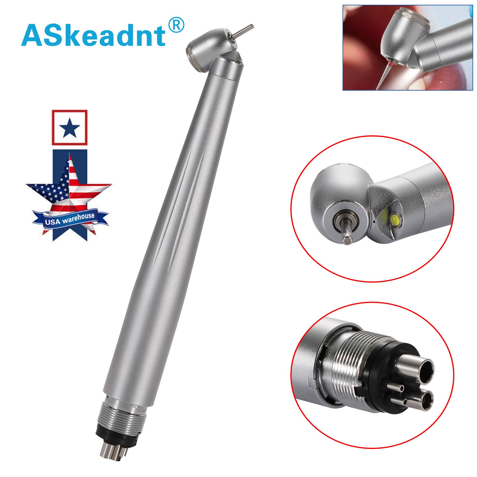 ASKEADNT Dental Surgical Handpiece 45 Degree High Speed 4 Hole LED