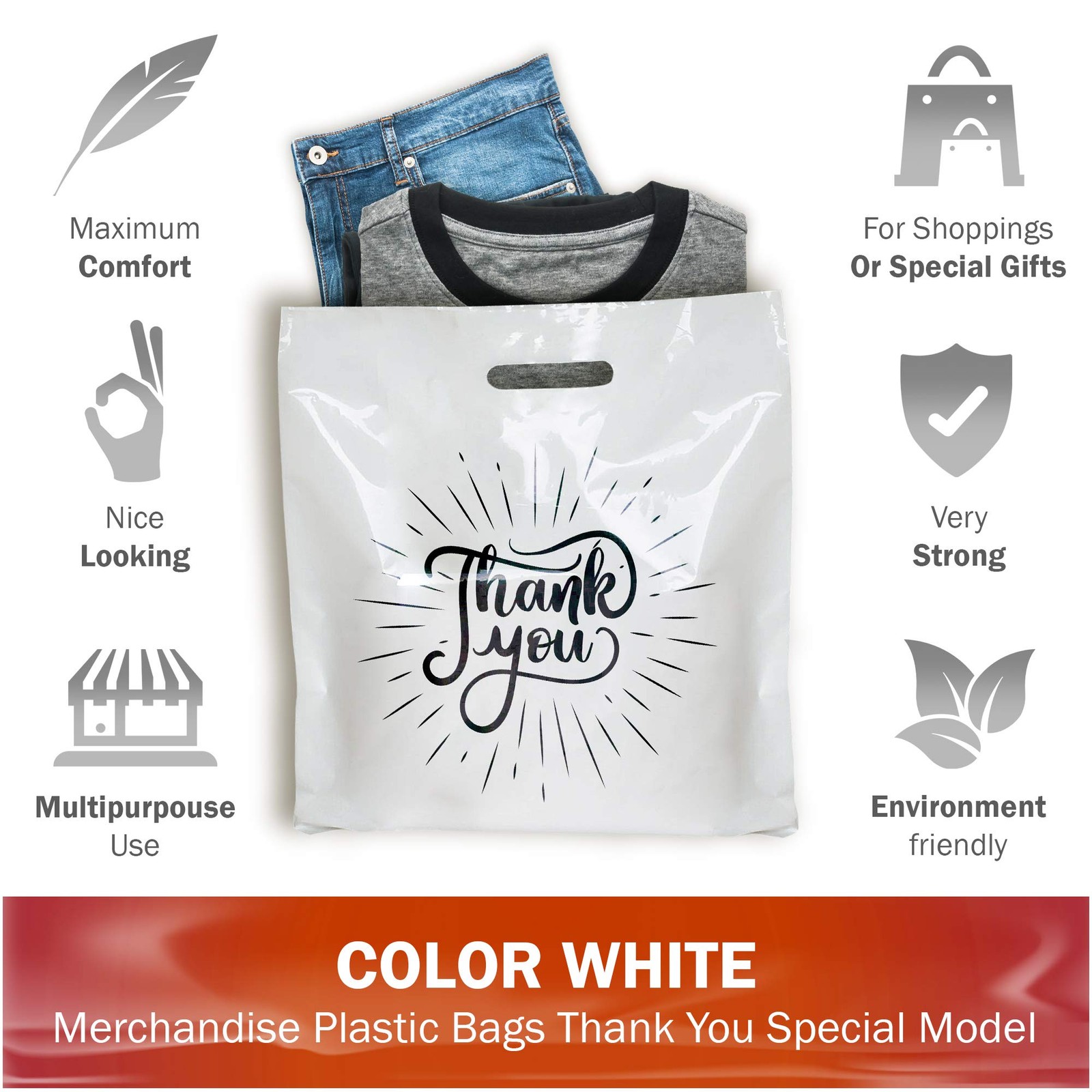 100 Pack White Thank You Extra Large Merchandise Plastic Shopping Bags 20″ x …