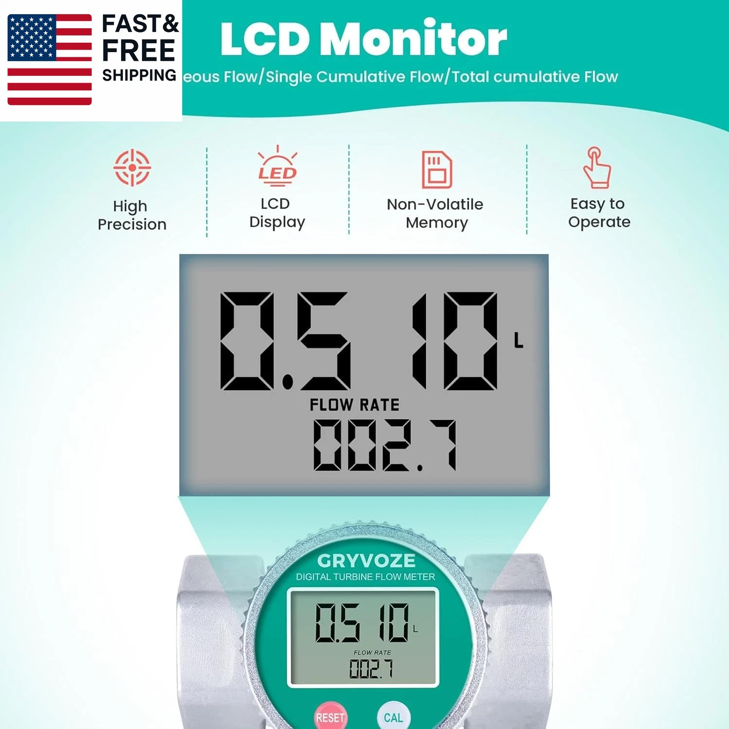 Waterproof 2 Inch Water Flow Meter, 16–160 GPM Digital Turbine Flowmeter with N