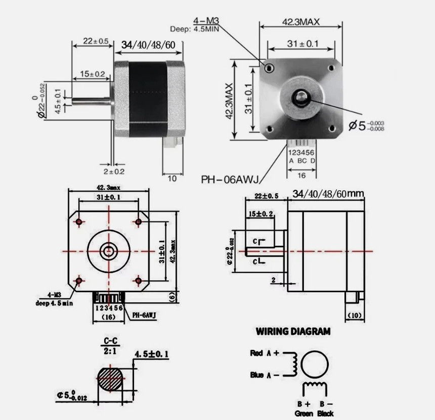 NEMA17 42mm Open-Loop Stepper Motor, 2-Phase 1.8°, 0.42Nm, Suitable for CNC