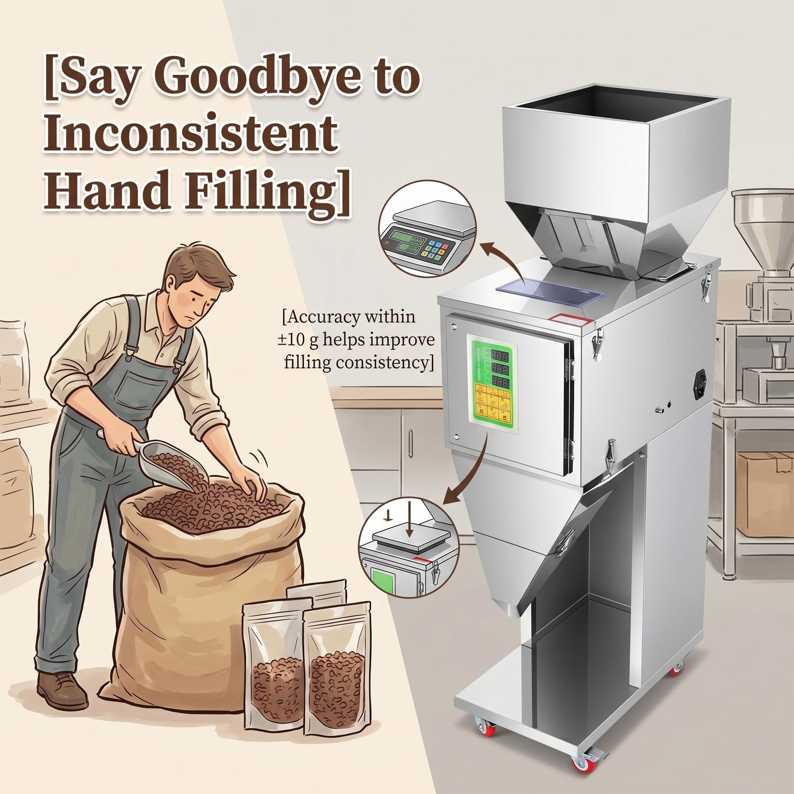 10-1000g Automatic Powder Filling Machine Particle Package Weighing Filler 110 V