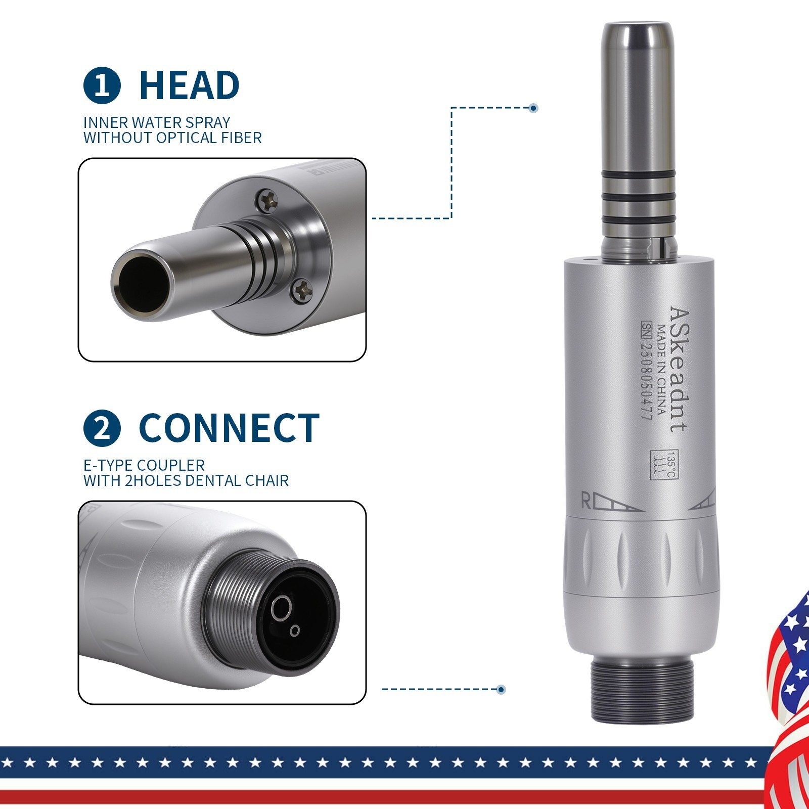 ASkeadnt Dental Slow Low Speed Air Motor Handpiece Internal Water Spray 2 Holes
