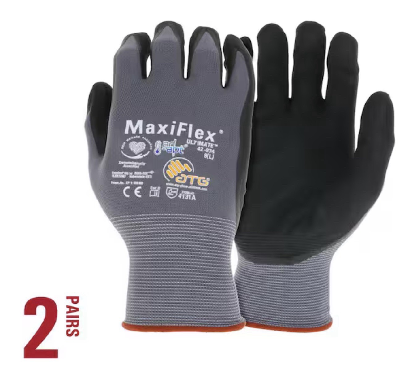 MaxiFlex Ultimate Large Gray Nitrile-Coated Outdoor & Work Gloves 2-PAIRS