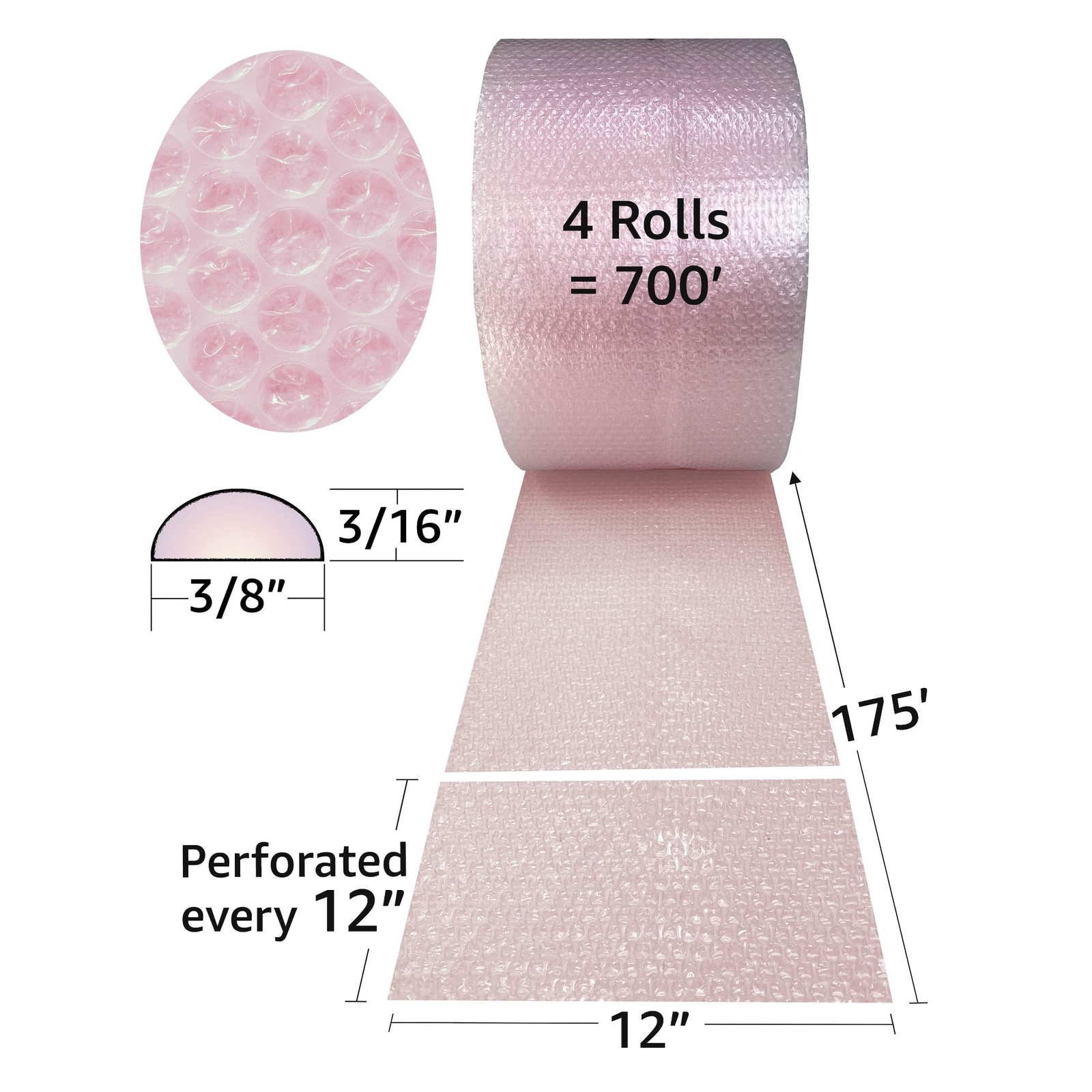 UOFFICE 4 Pink Anti-Static Bubble Rolls 175’x12″ – Small Bubbles 3/16″ Wrap 700′