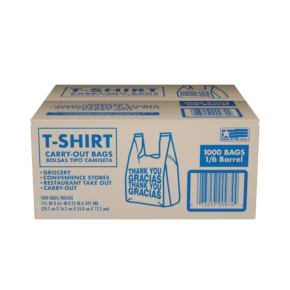 T-Shirt Carry-Out Bags, 11.5″ x 6.5″ x 22″ (1000 ct.) NOT SHIP TO NY, NJ, CA