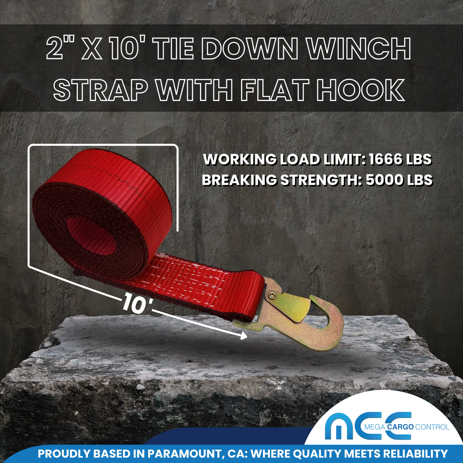 USA 2″ x 10′ Wheel Lift Rollback Strap w/ Flat Snap Hook for Tow Truck Dolly