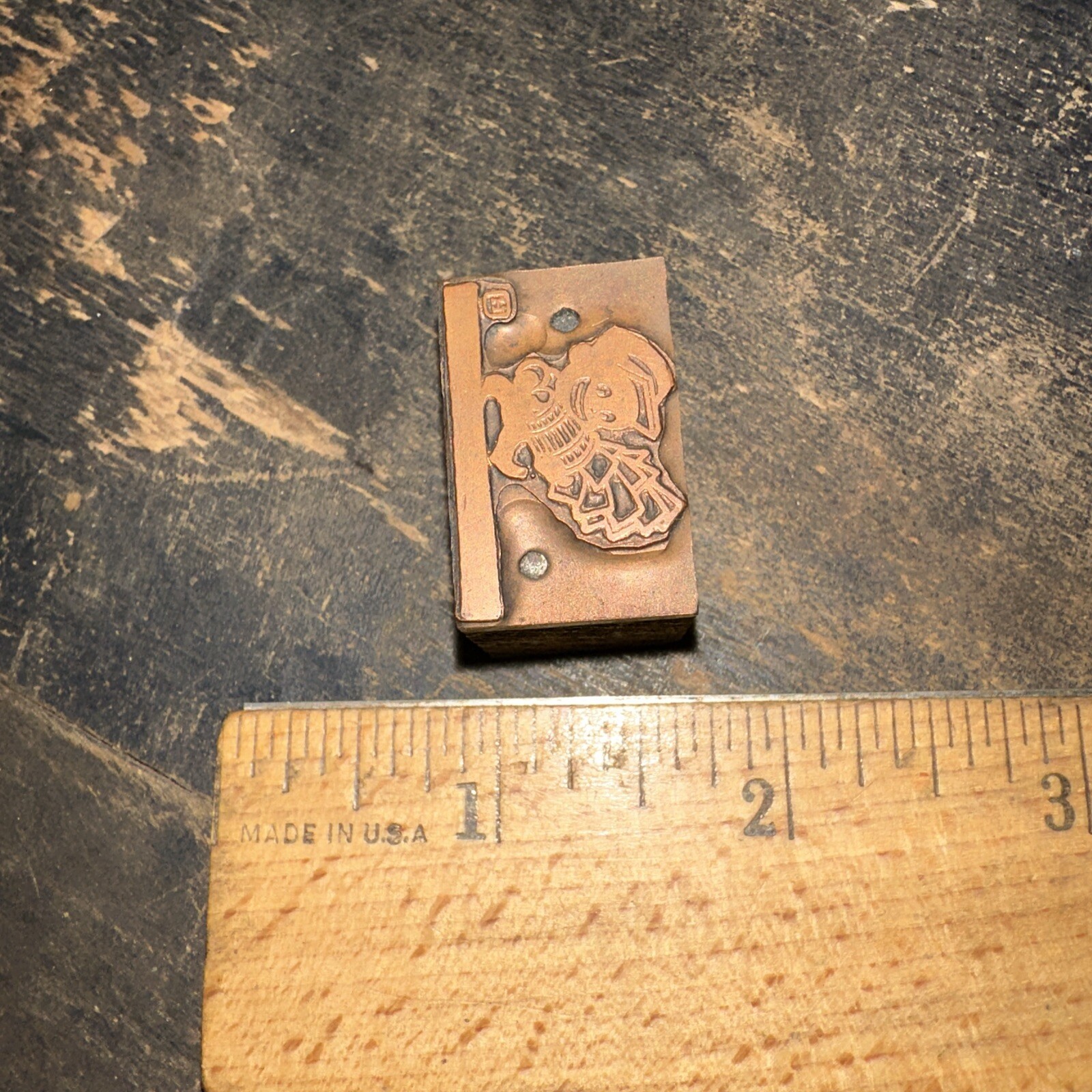 Printing Block “ smiling man carrying basket with paper or money?” Copper Face