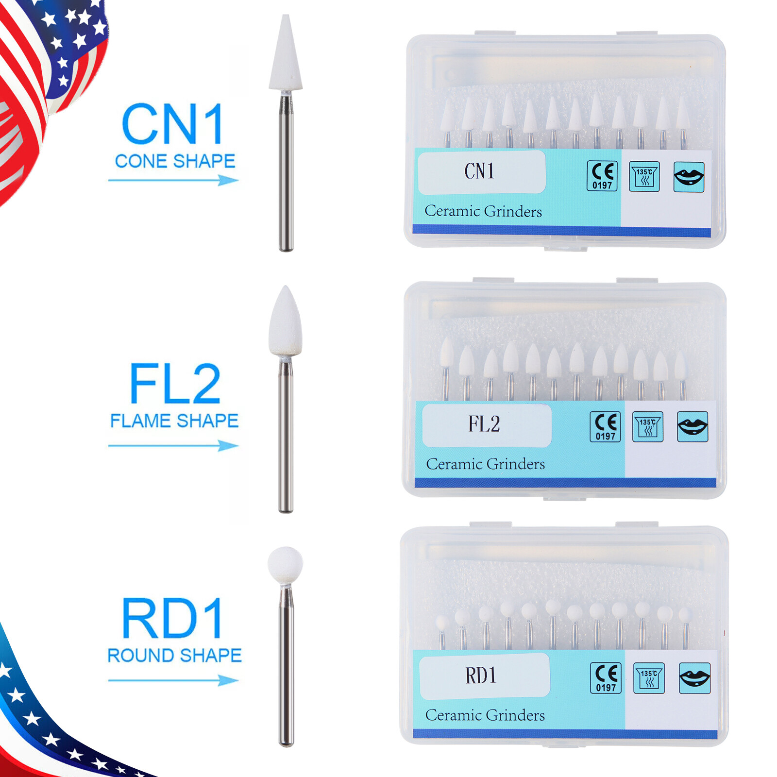 Dental White Stone Aluminum Oxide Polishing FG Burs For High &Low Speed 12/pk st
