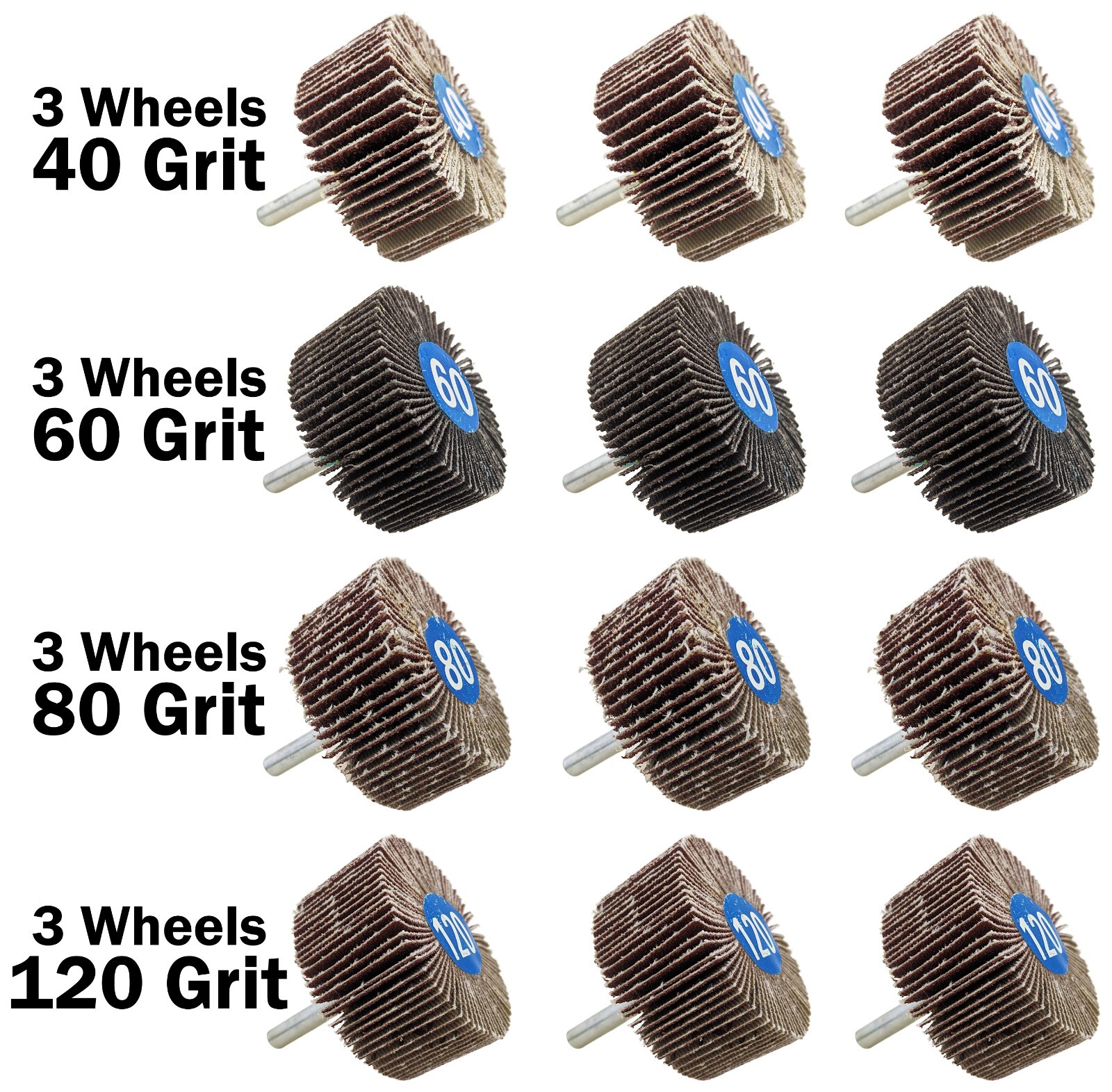 12 Pack ¼” Shank Flap Wheel Assortment, Includes 40, 60, 80, & 120 Grit 2″×1″×¼”