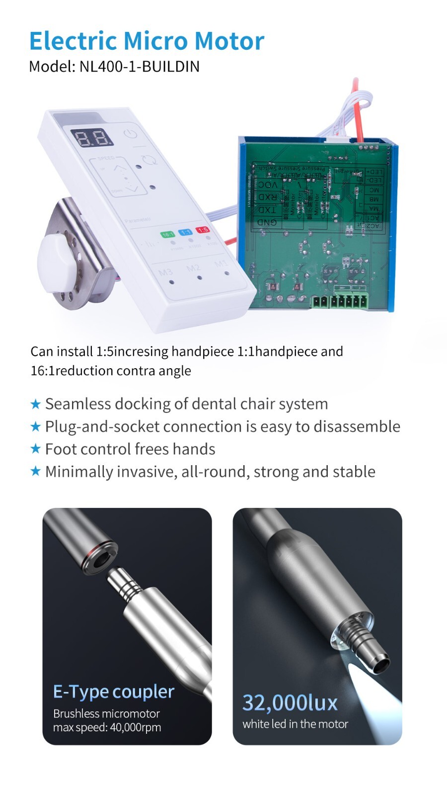 Dental Built-in Brushless LED Electric Micro Motor /1:5 Increasing Handpiece RLP