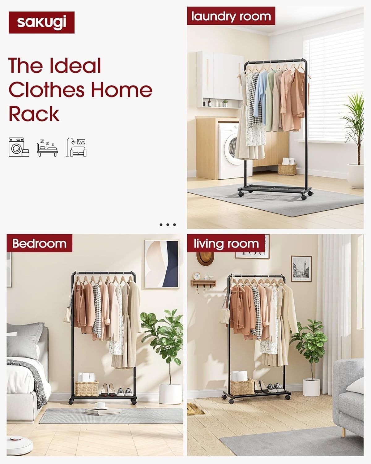 Clothing Clothes Rack on Wheels Heavy Duty Portable Wardrobe Storage