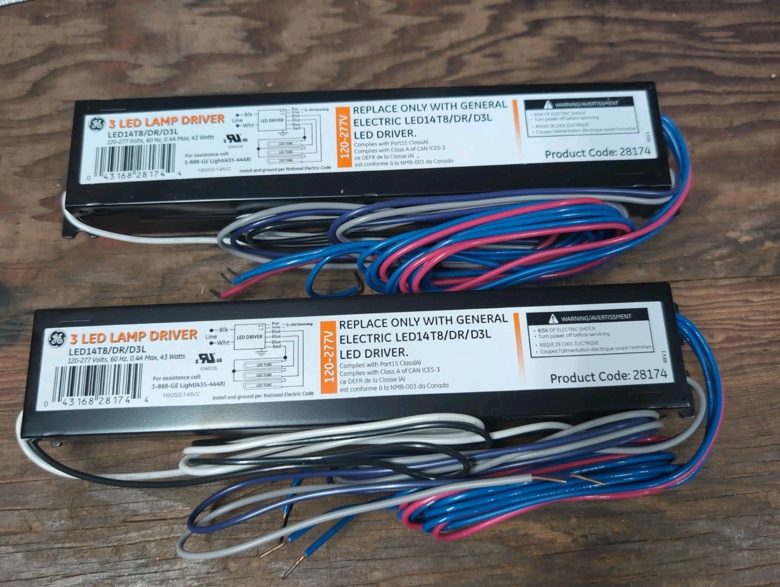 Lot of 2 GE 28174 LED14T8/DR/D3L 3 LED Lamp Driver 43W 120-277V Ballast
