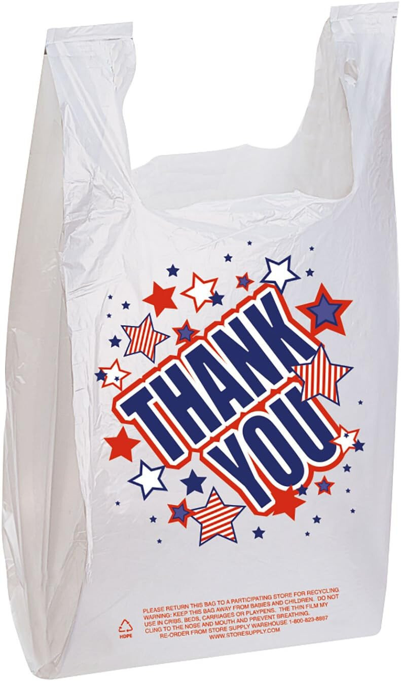 11 ½” x 6″ x 21″ Plastic T-shirt Bags 500 Grocery Thank You Red White Blue