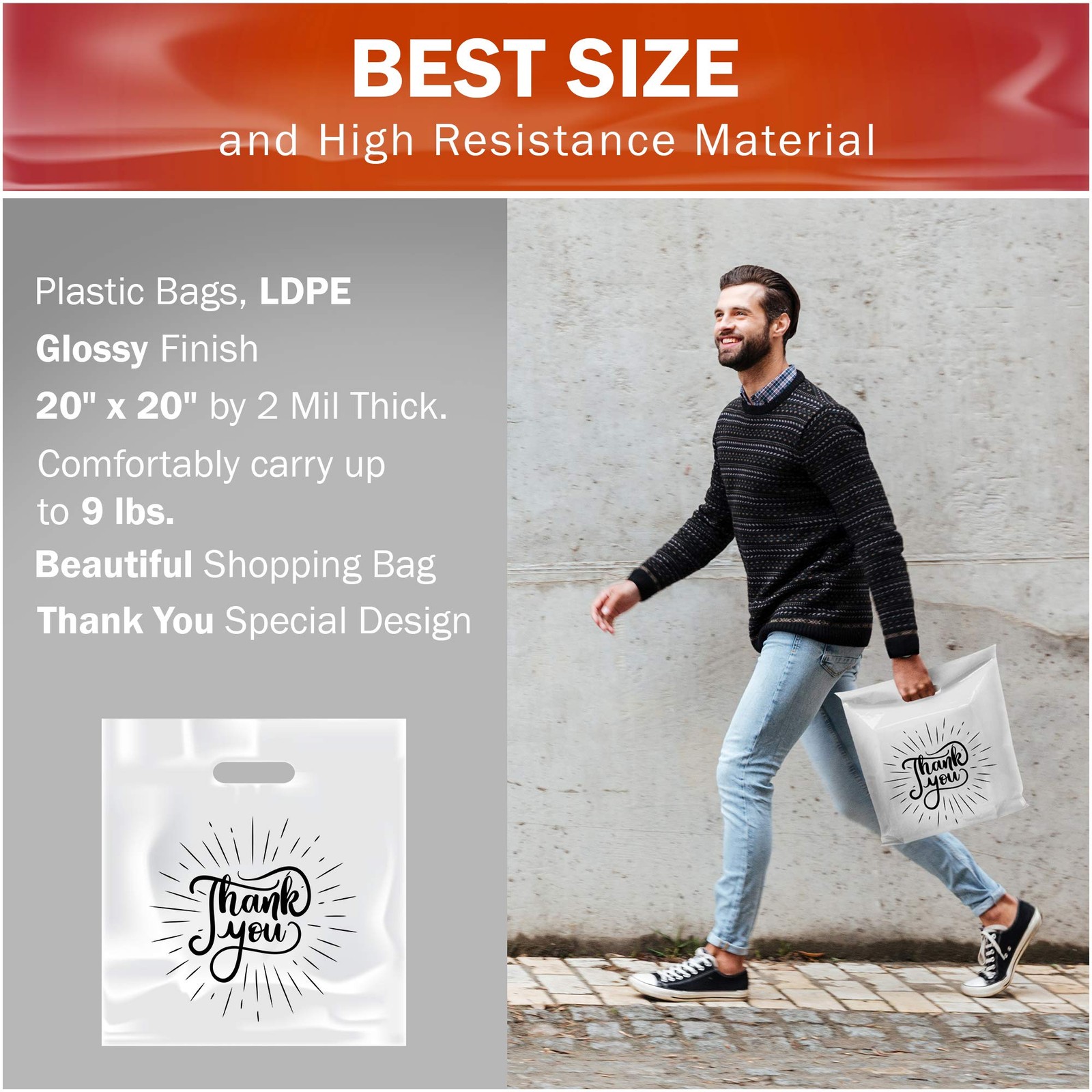100 Pack White Thank You Extra Large Merchandise Plastic Shopping Bags 20″ x …