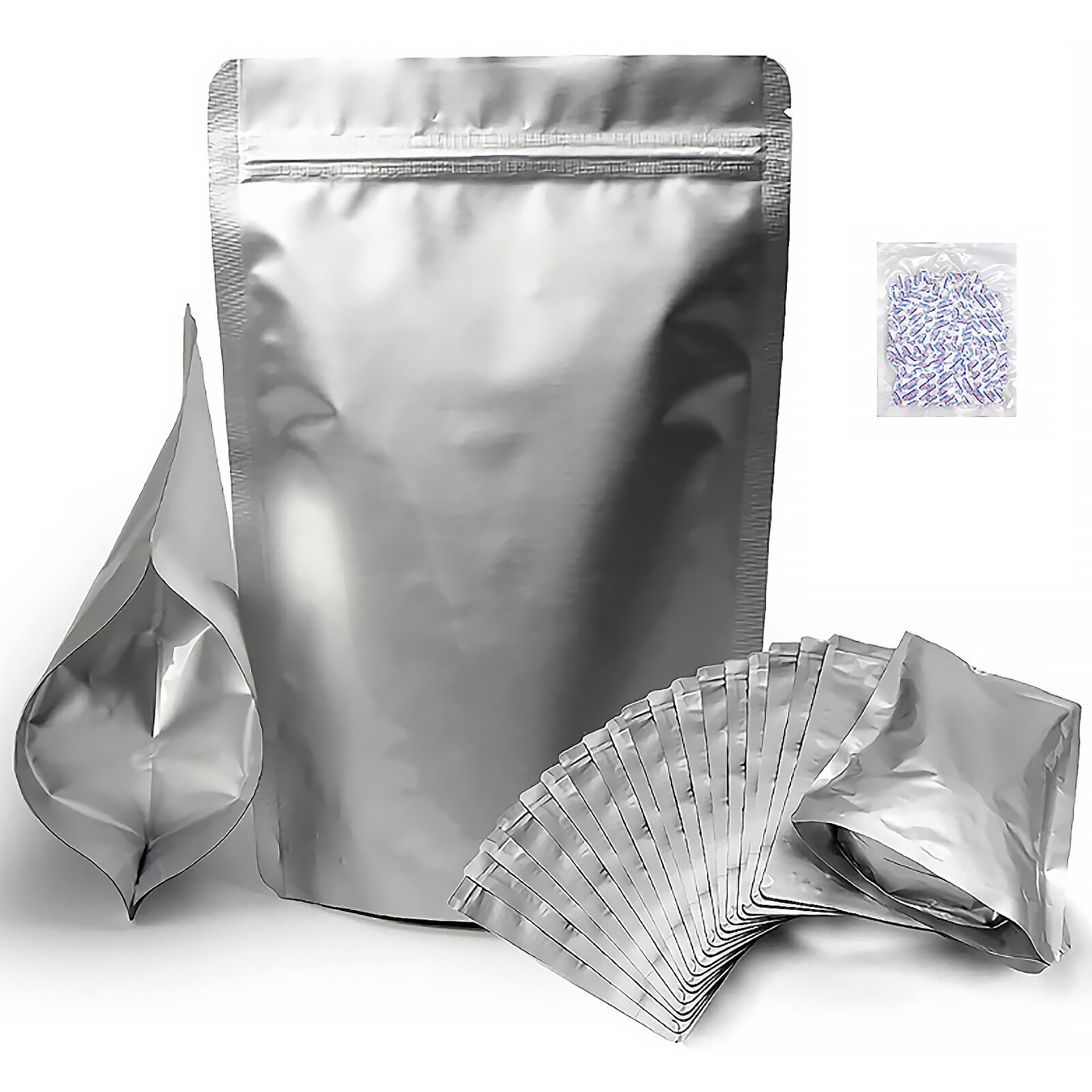 50/100pcs Mylar Bags 8.7Mil w/ Oxygen Absorbers Stand-Up Resealable Food Storage
