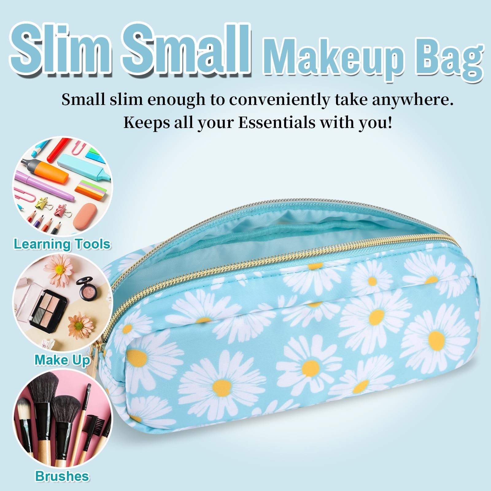 Nylon Small Floral Makeup Bag, Slim Preppy Cute Makeup Brush Case, Waterproof…