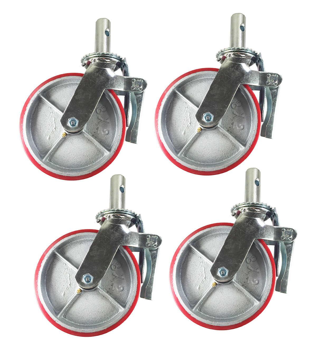 4 pcs Scaffold Caster 8″ x 2″ Red Wheels w/ Locking Brakes 1-1/4″ Stem with Pin